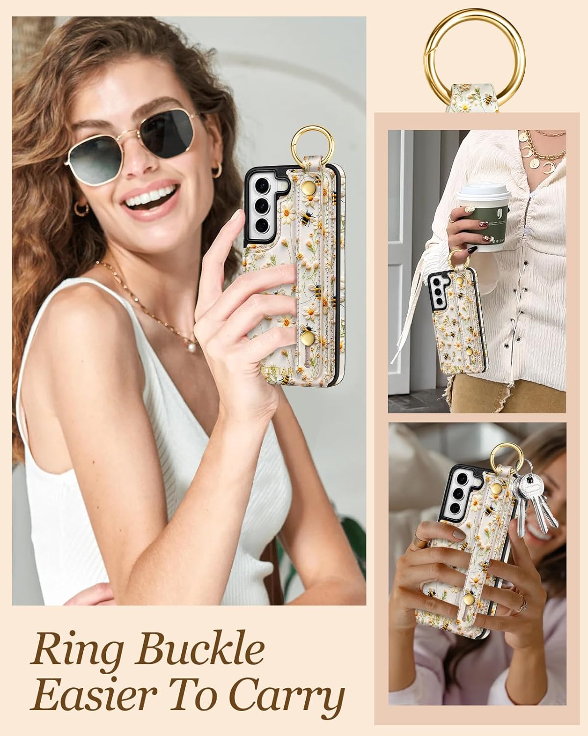 Petitian for Samsung Galaxy S22 Case with Wallet - Women Girls Cute Girly Aesthetic Unique Design Leather Credit Card Holder Cardholder Stand Wristband for S22, Flower - Image 6