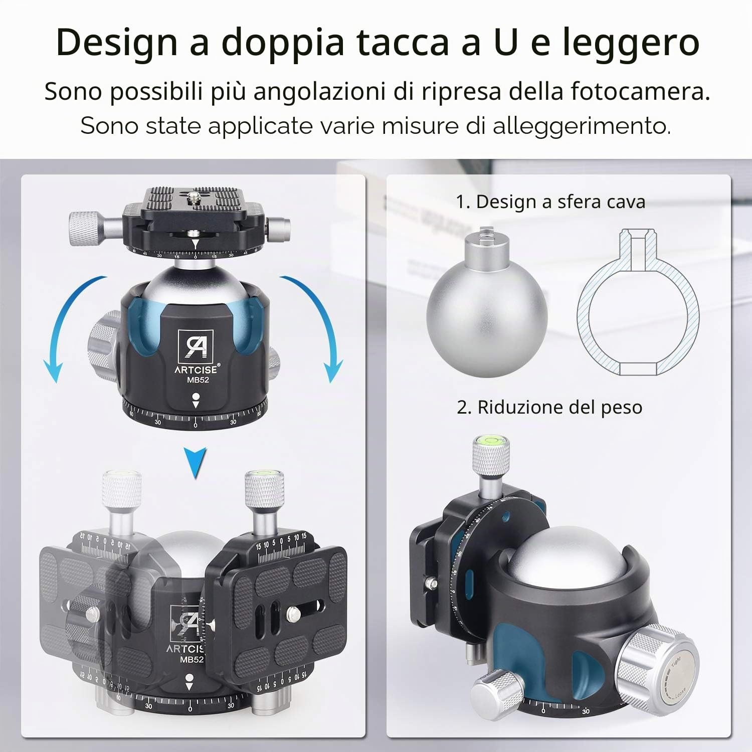 ARTCISE Testa a sfera per impieghi gravosi, testa per treppiede a doppio profilo panoramico da 52 mm e 2 piastre a sgancio rapido da 1/4 di pollice per treppiede DSLR Carico massimo 30 kg