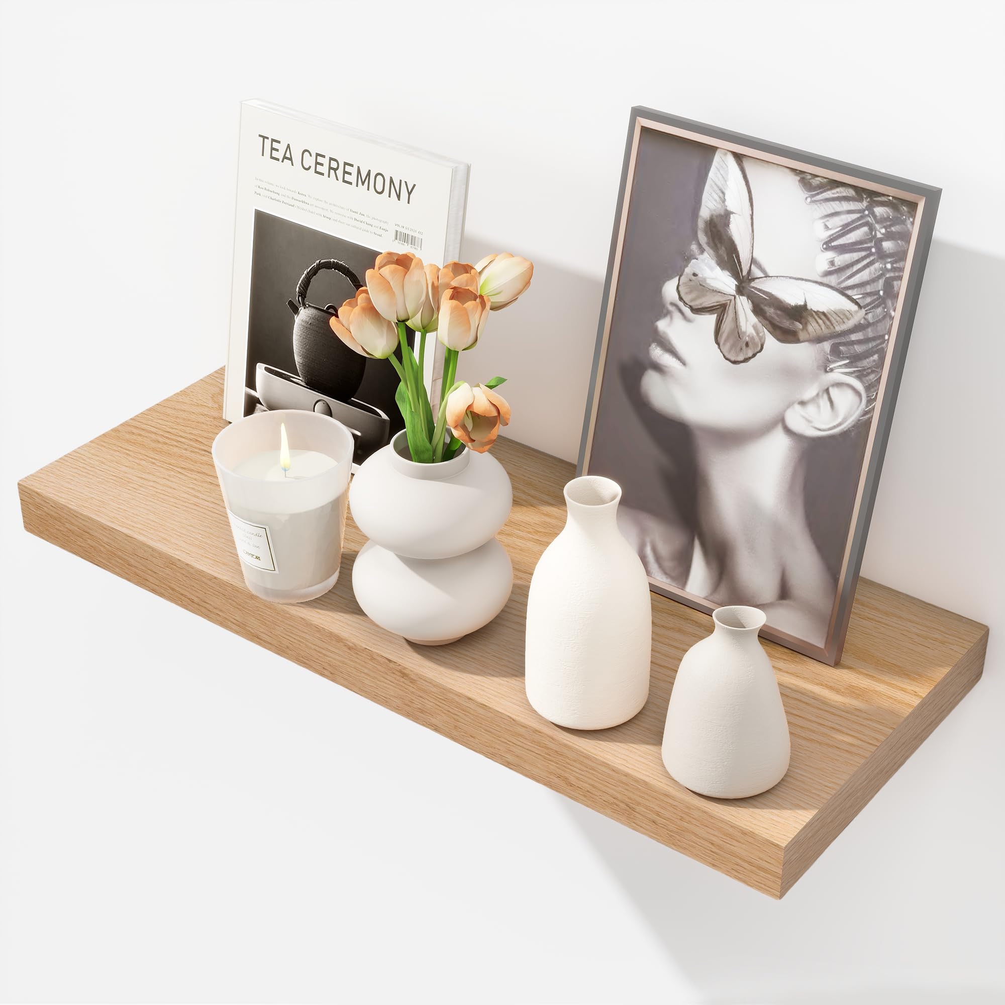 Floating Shelves for Wall 24 Inch Solid USA-Sourced Oak Wooden Shelves for Bathroom Kitchen 9" Deep Modern Wood Shelf with Heavy-Duty Bracket for Wall Mounted, Natural Finish