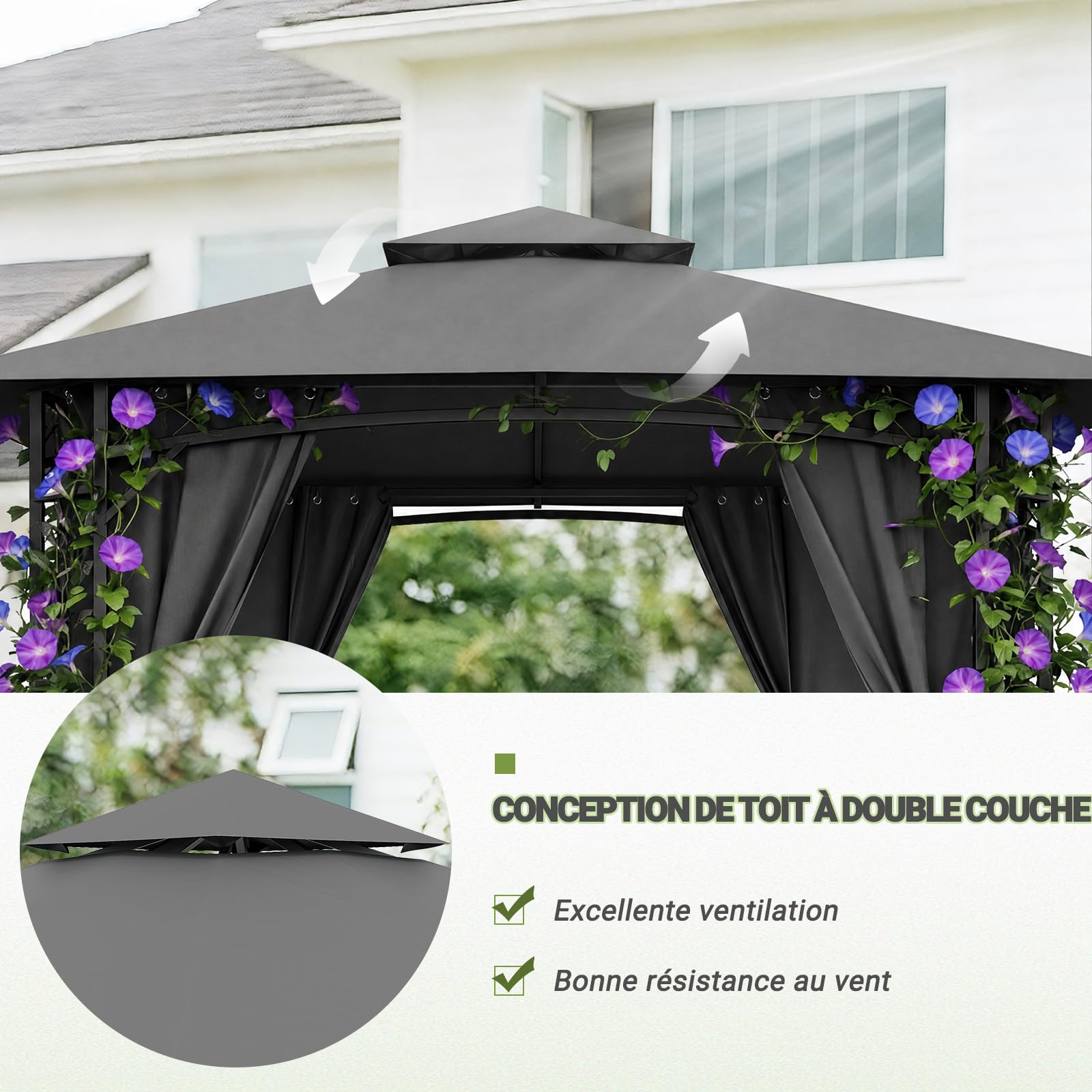 JUMMICO Garden Gazebo 3.3 x 3.3 m Iron with Flower Box, 4 Sidewalls, Stable, Wind and Weather Resistant – Metal Structure, Garden Furniture