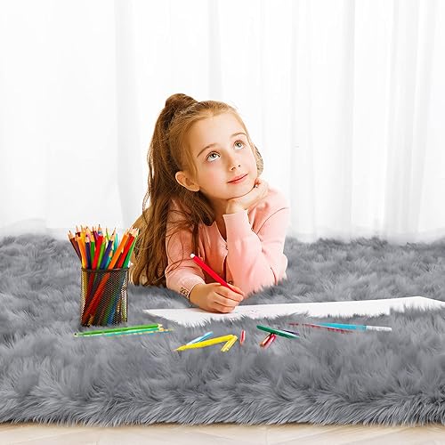 Miniatura 4 de Noahas - Alfombra de lujo esponjosa para dormitorio o habitación, alfombra con piel de oveja, gris