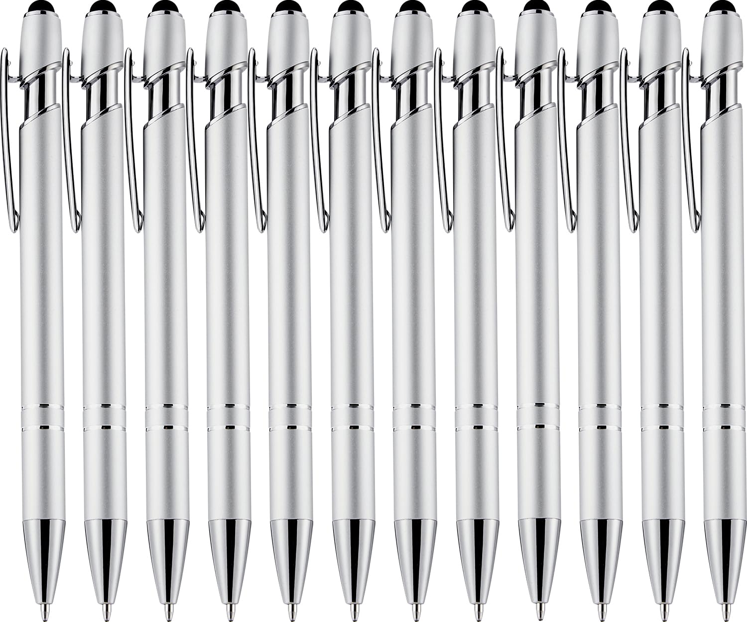 LINFANC 12 Pack Silver Ballpoint Pen with Stylus Tip, 1.0 mm Black Ink Smooth Writing Pens, Metal Stylus Pens for Touch Screens