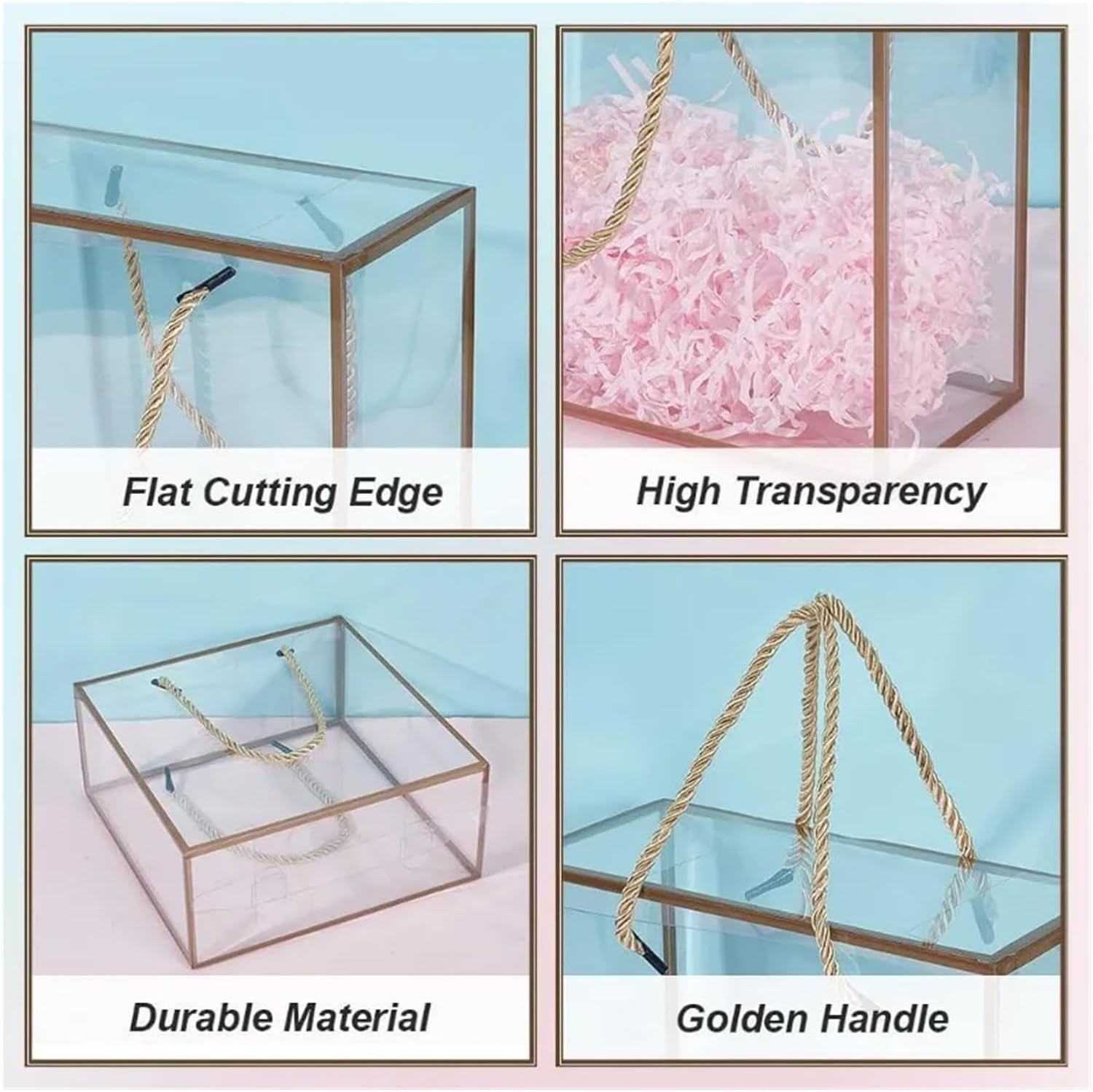 Alianm Clear Gift Bags 10 Packs PP Plastic Box 7.8x7.8x3.5 Inch Treat Boxes with Gold Border and Handle Favor with Cord(AECH07-02326)