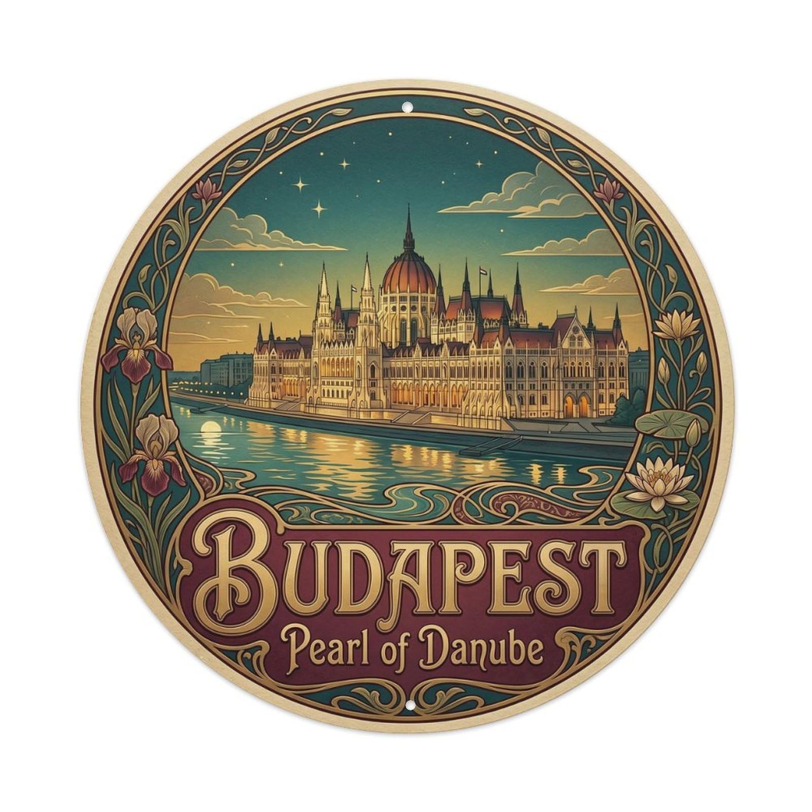 Yrnq Vintage Style Vintage Travel Budapest Parliament Hungary Vintage Metal Tin Sign Plaque Wall Decor For Cafe, Club, Garden Round Metal Poster 8X8inch