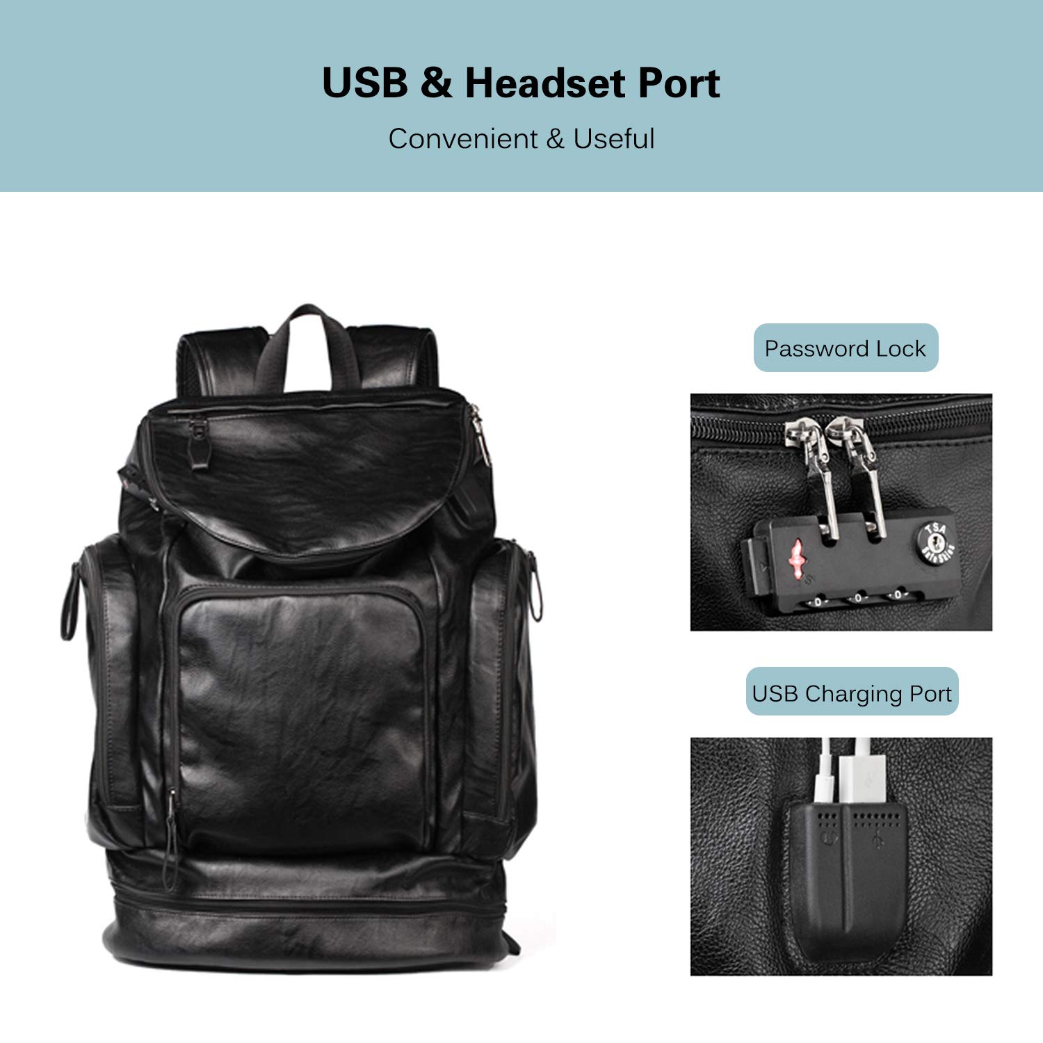 FANDARE Neu Rucksack Herren Business Rucksack für 15.6 Zoll Laptop mit USB Handtasche PU Schulrucksack mit Schuhfach für Arbeit Wandern Reisen Camping Wasserdicht Schultasche Schwarz