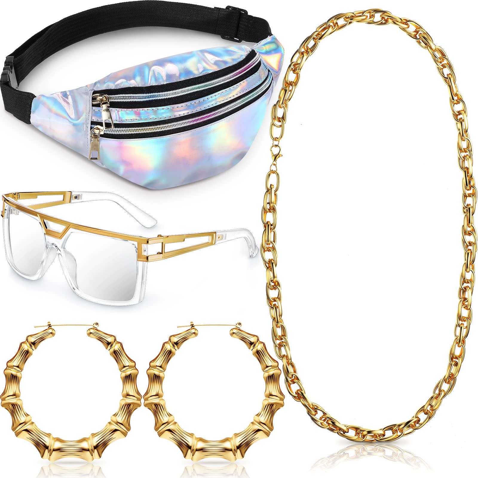 Epakh Hip Hop Woman Costume Kit Including Fanny Packs Transparent Sunglasses Faux Gold Rope Chain and Round Hoop Earrings