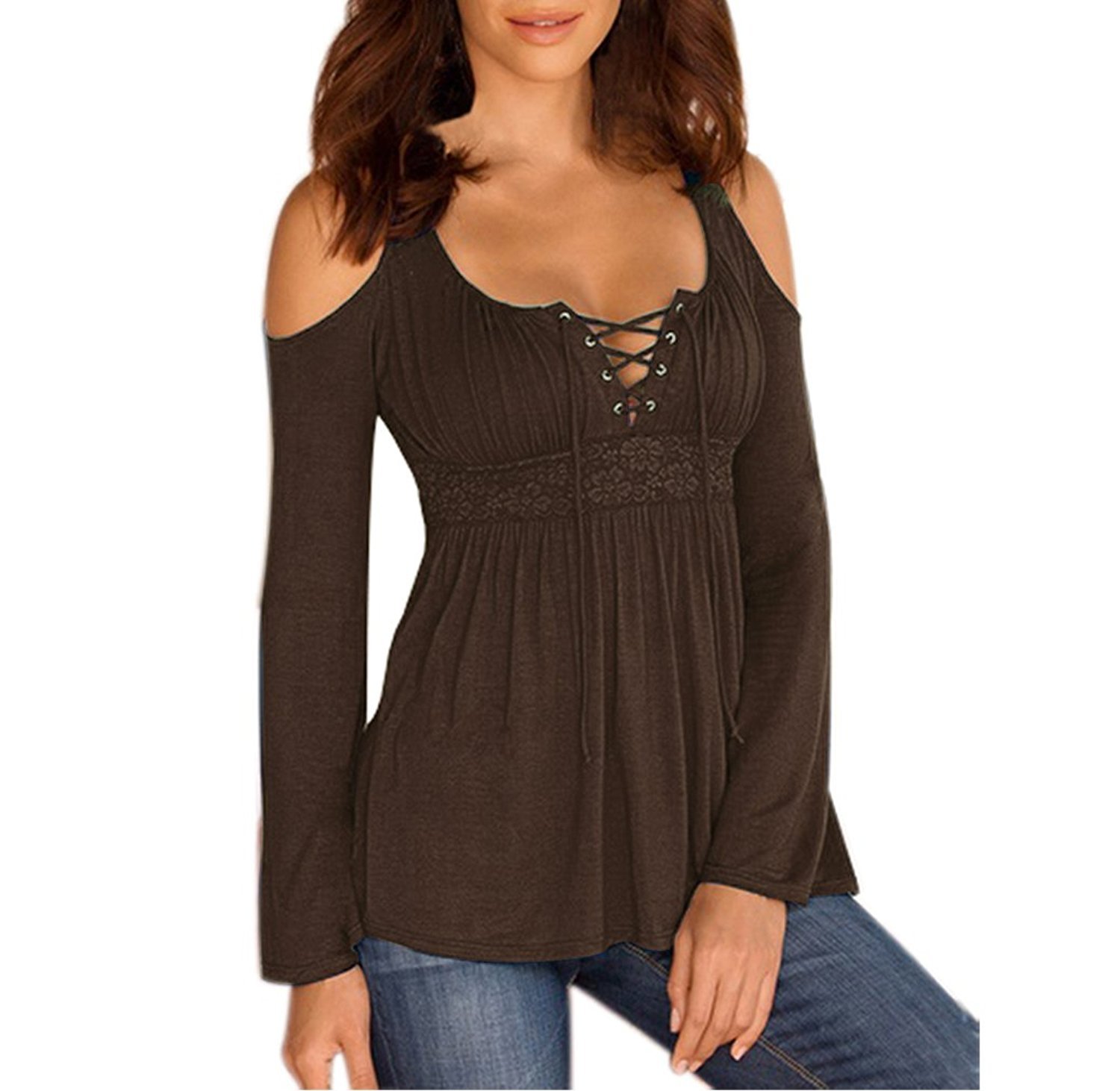 MOONCOLOUR Women's Cold Shoulder Lace Up Casual Tunic Solid Blouse Tops - #0705_coffee - Medium