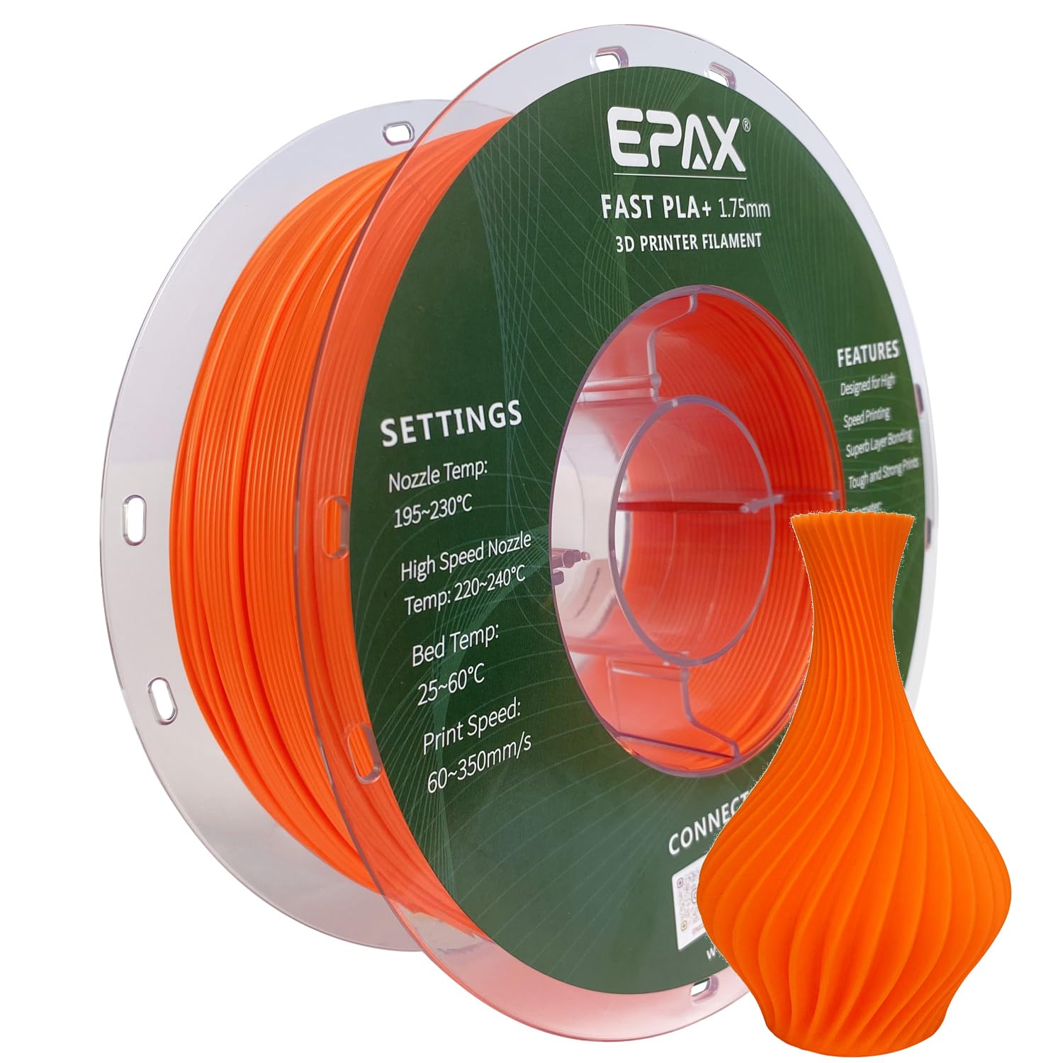 EPAX High Speed PLA+ 3D Printer Filament, Fast PLA 3D Printing Filament, 1.75mm, Dimensional Accuracy +/- 0.03 mm, 1KG Spool (Neon Orange)