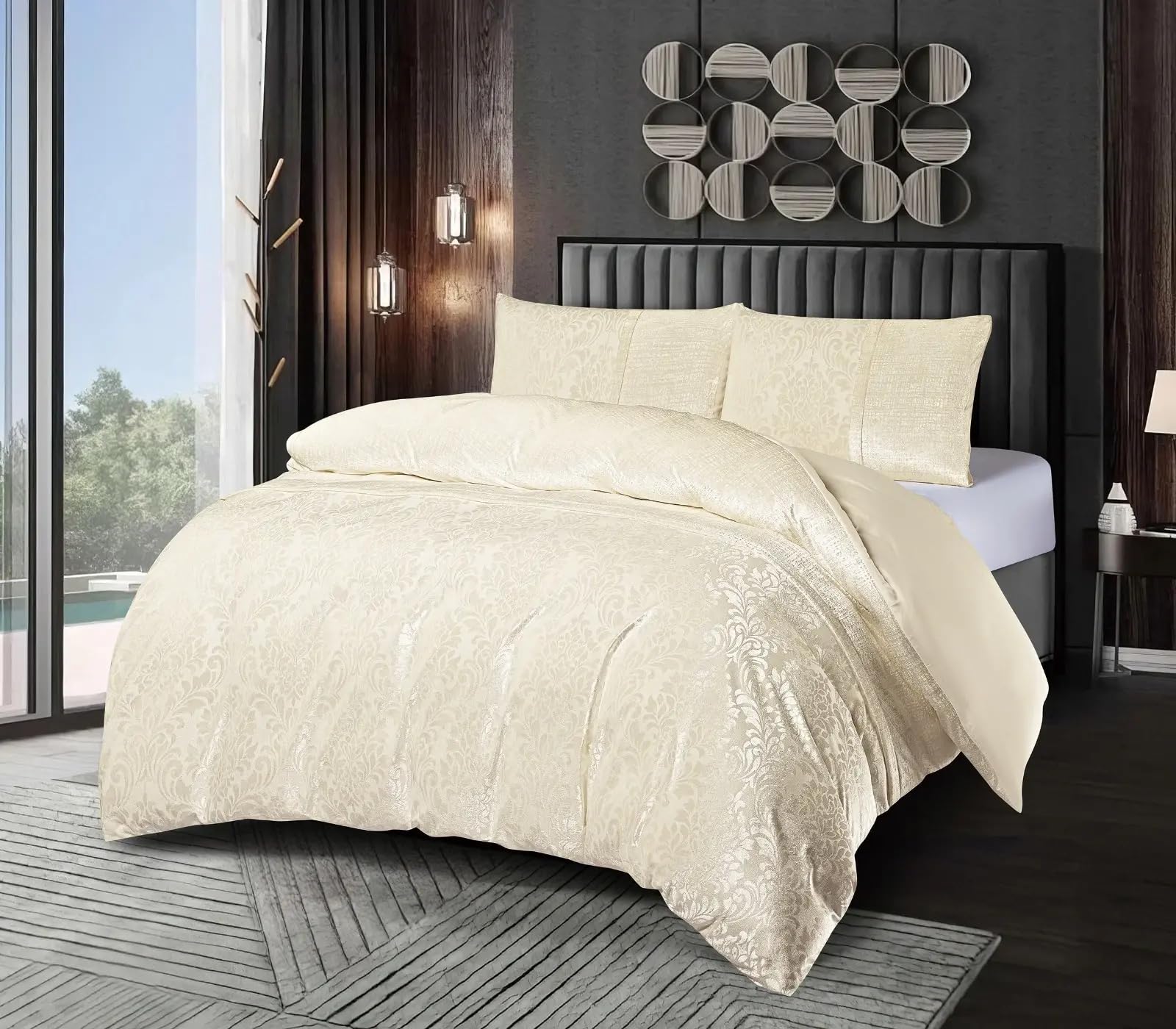 Emilia Crushed Velvet Damask Duvet Cover Set – Luxury Reversible Bedding Set with Pillowcases – Super Soft Jacquard Design – Premium Velvet Quilt Cover Set (Cream, King)