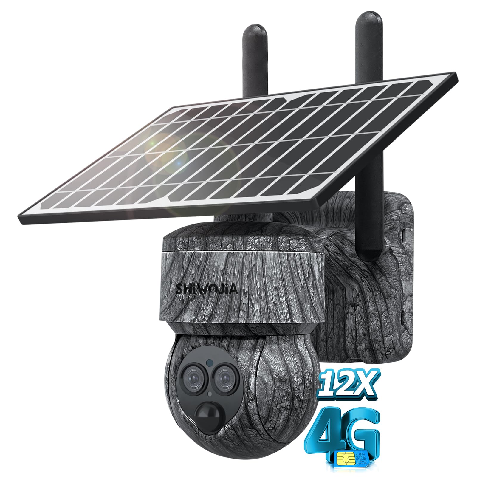 SHIWOJIA 12X Zoom Camara Vigilancia 4G Exterior Solar con Tarjeta SIM, 2K 360° PTZ 4G Inalámbrico Cámara con Visión Nocturna, Detección de Movimiento, Audio Bidireccional, IP66 Impermeable