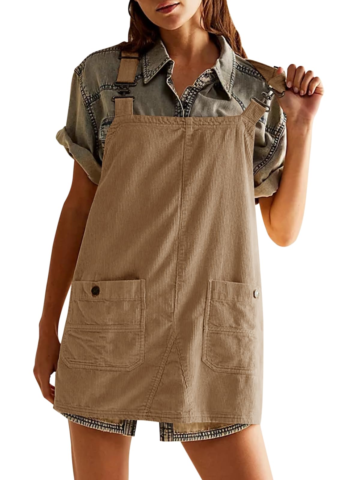Photo 1 of Fisoew Womens Overall Dress Adjustable Straps Corduroy Mini Dress Suspender Pinafore Dress with Pockets Large Khaki