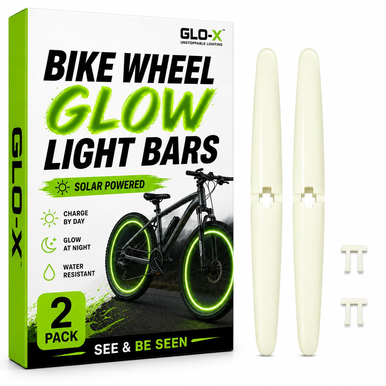 GLO-X Solar-Powered Bike Wheel Lights (2 Pack) - Glow in The Dark Bicycle Spoke Lights, Waterproof, Easy Install