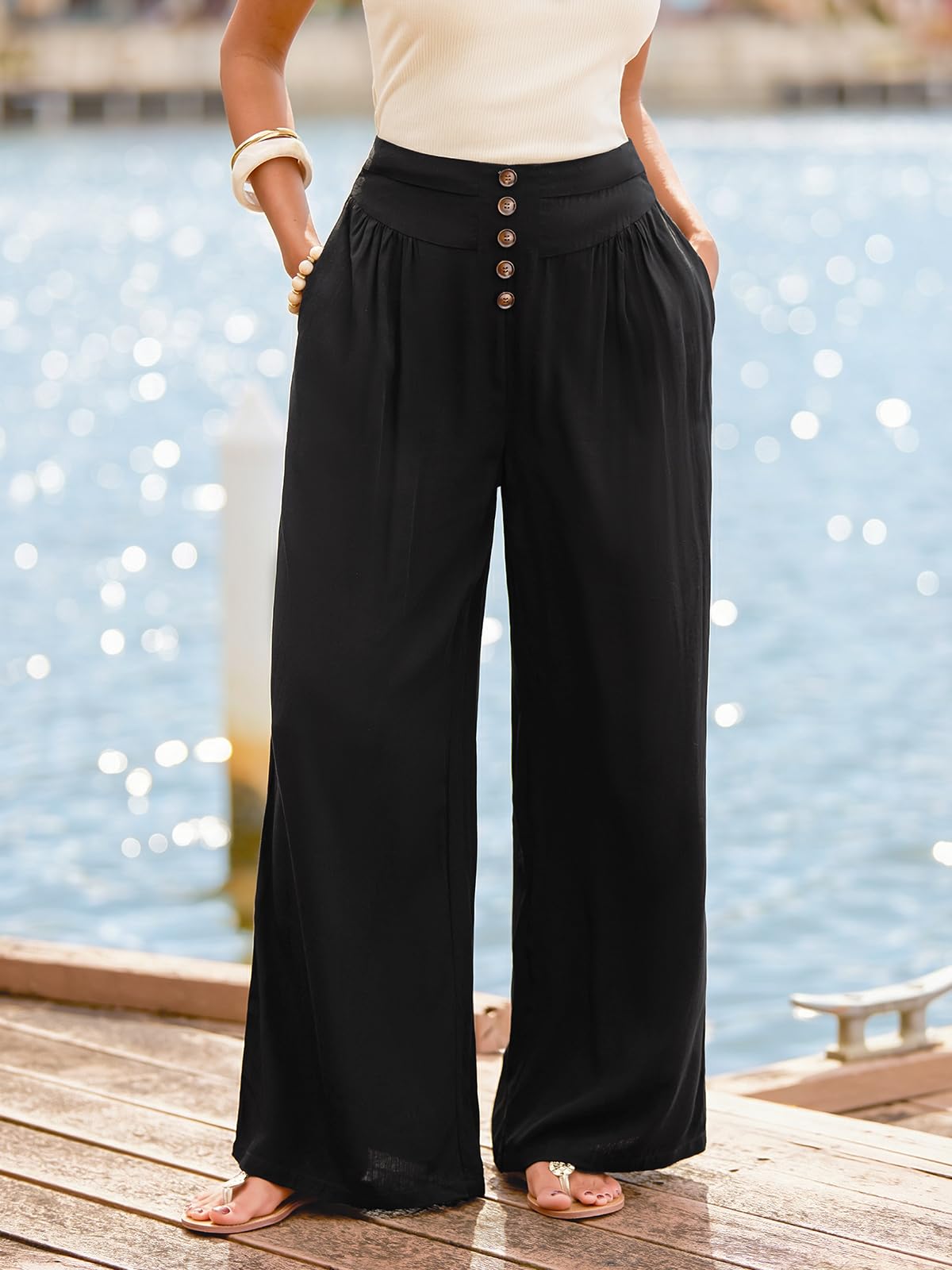 CUPSHE Pantalon d'été léger et large pour femme, taille haute, avec boutonnière décorative, plissé, élégant, long, avec poches, plage, vacances