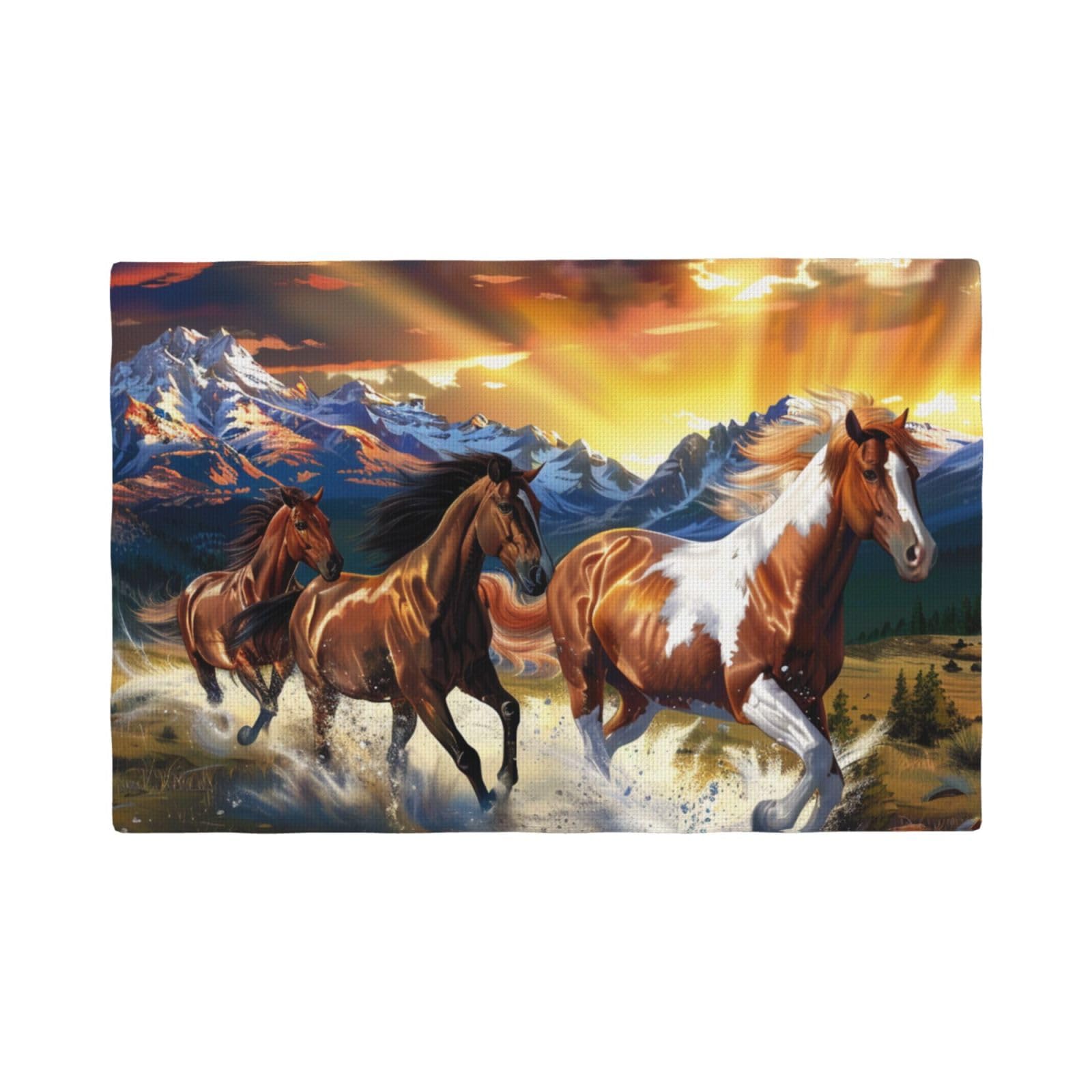 Running Horses Print Placemats Set, Heat Resistant Washable Placemat 12x18in Table Mats for Party Kitchen Dining Table Decoration Indoor Outdoor, Six Piece