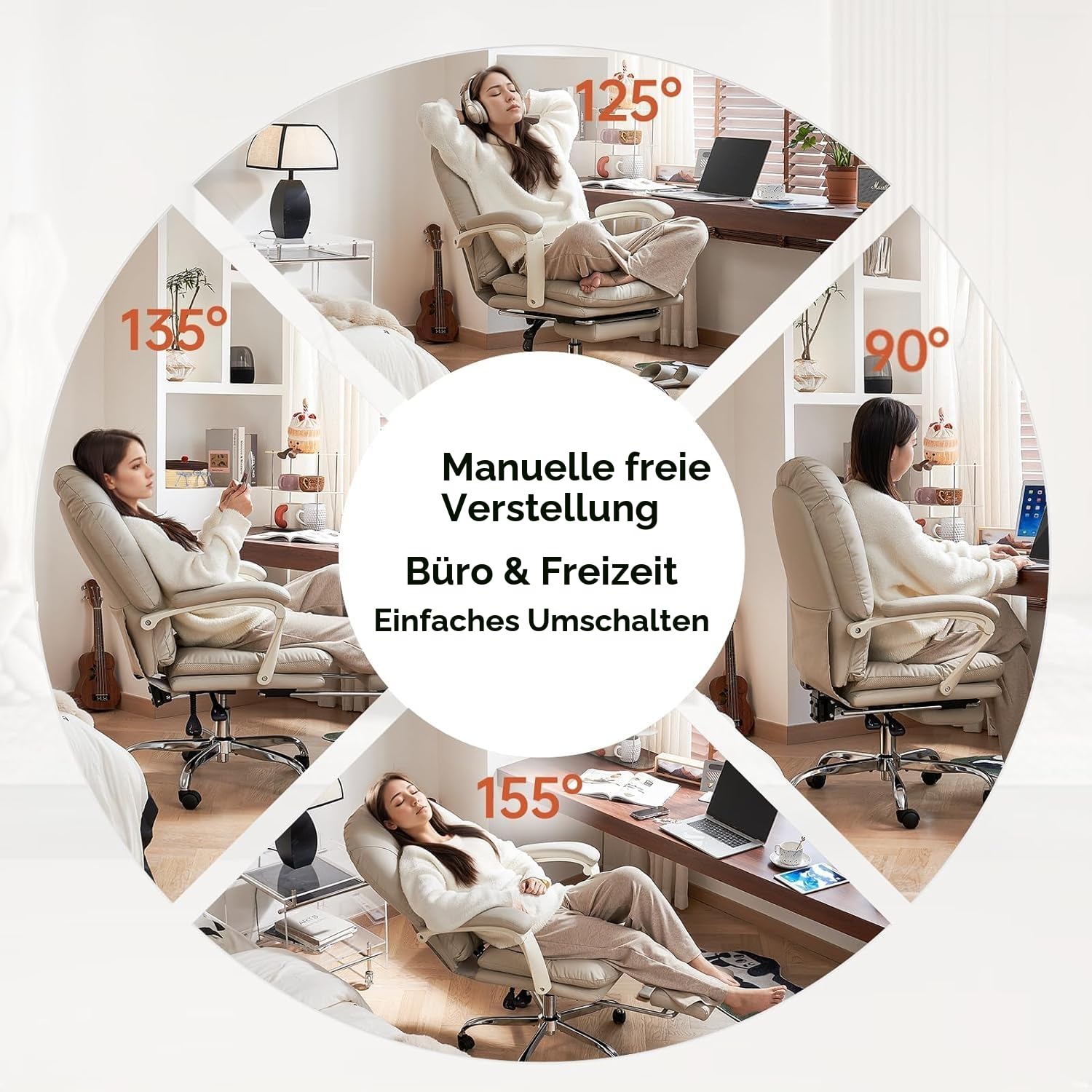 EMIAH Ergonomischer Bürostuhl mit Fußstütze, Verstellbarer Schreibtischstuhl PU Leder, Bequeme Moderne Kosmetikstühle mit Rollen, Mid-Back Cute Computer Stuhl für Zuhause Belastbar bis 150kg, Beige