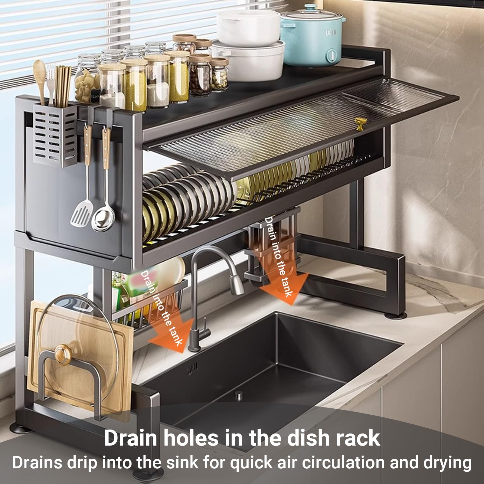 Escurridor de platos sobre el fregadero, organizador de almacenamiento de 3 niveles con puerta abatible transparente para platos, vasos, cuencos, cubiertos, estante grande para fregadero de cocina