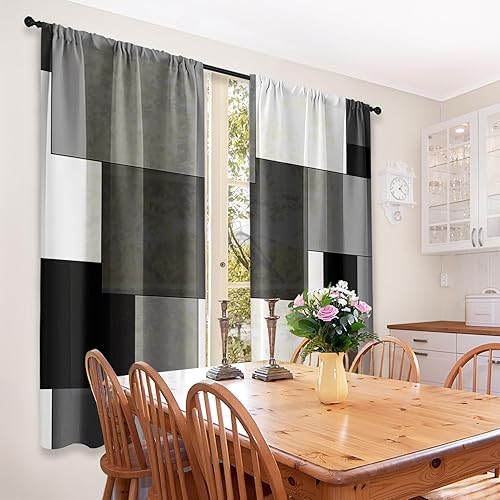Vista 7 de Cortinas geométricas de cocina negras y grises de 63 pulgadas de largo, juego de 2, cortinas grises y blancas para dormitorio, sala de estar, Gris