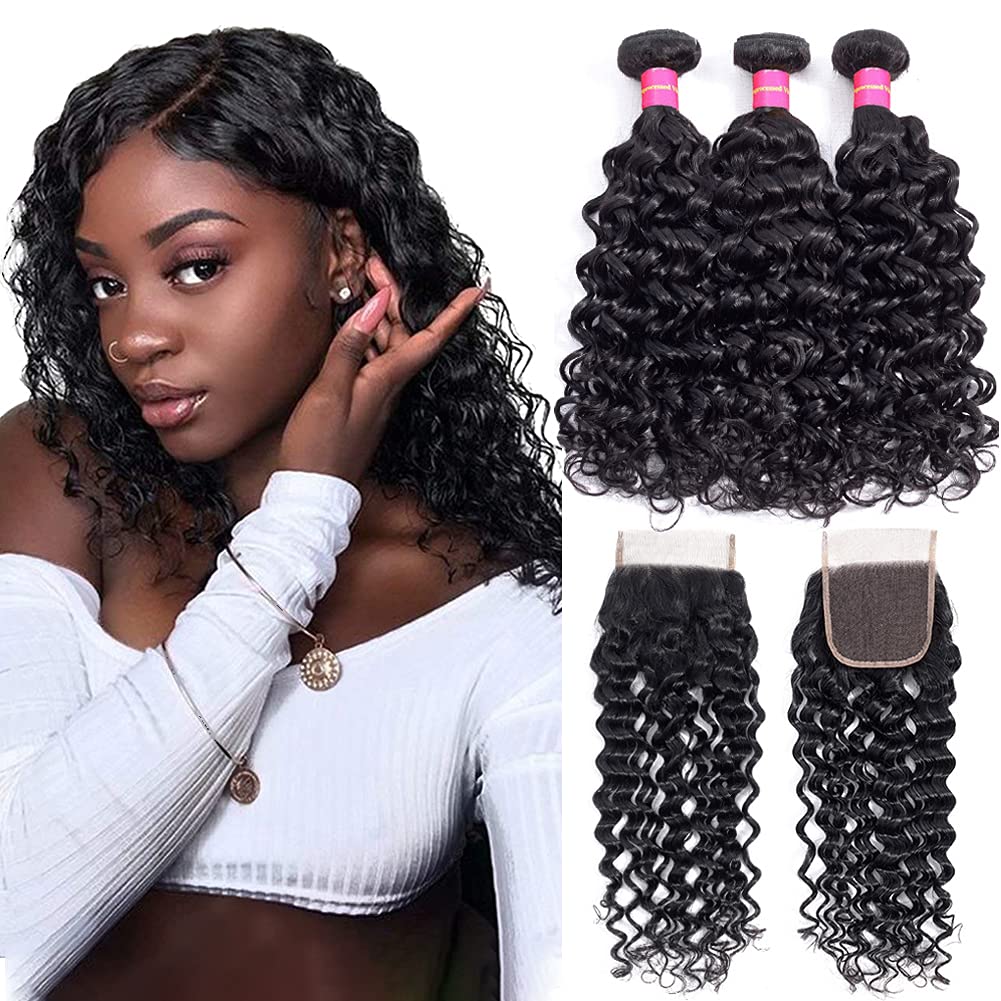 Brazilian Water Wave Bundles with Closure 12A Unprocessed Virgin Human Hair Weave 3 Bundles with Closure Natural Black Remy Hair Extensions(20 22 24+18 Inch)