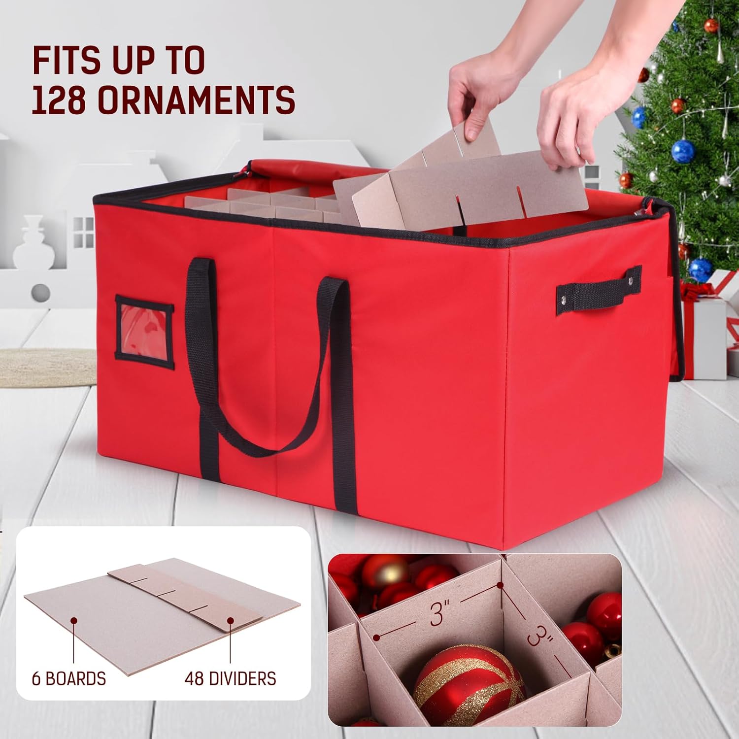 Lambada Christmas Ornament Storage Box, Durable Christmas Storage Container with Adjustable Dividers, Xmas Decorations Organizer – Fits 128 Holiday Ornaments 3 inch – Tear-Proof Fabric (Red)