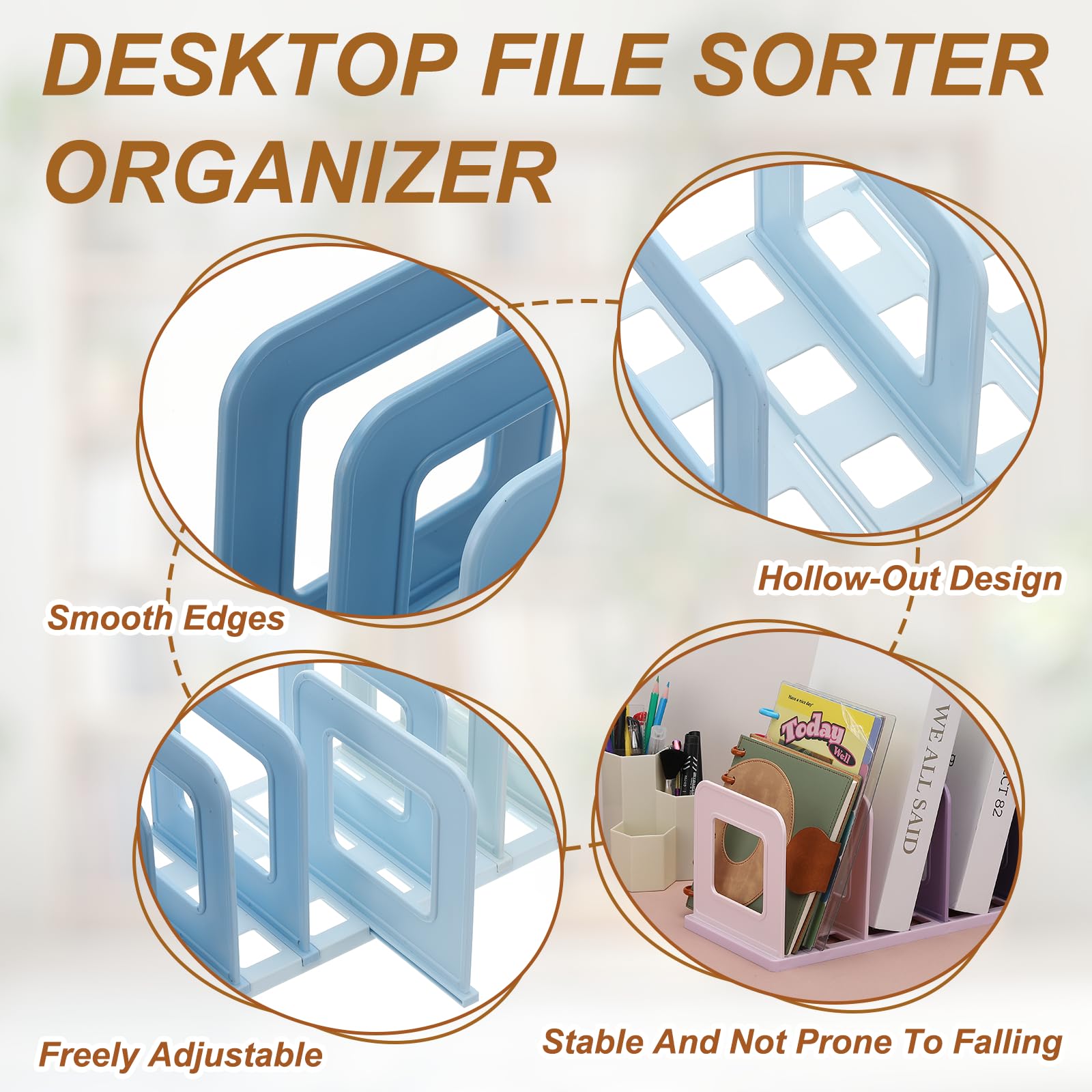PATIKIL Vertical Sorter for Desk, 4 Slots Plastics Adjustable File Organizer Desktop File Sorter Organizer for Office Desk Kitchen Shelf Storage Holder Paper Mail, Blue - Image 3