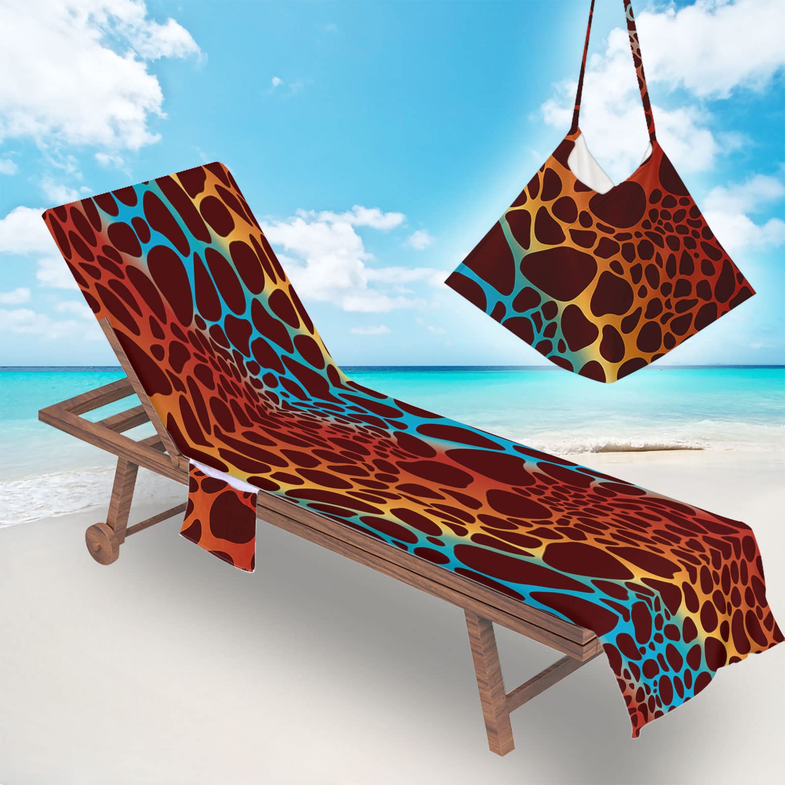 Surwin Sun Lounger Beach Towel with Pockets, 3D Leopard Print Summer Beach Chair Cover Chaise Lounge Towel Cover Mate Sunbed Towels For Holiday Garden Outdoor Pool (75x210cm,Brown)