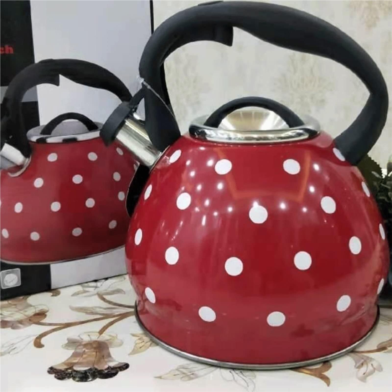 Czajnik gazowy ze wzorem w kropki, gwizdający czajniczek ze stali nierdzewnej 3 l, z ergonomicznym uchwytem i przyciskiem dotykowym, do kuchni, na kemping, czerwony