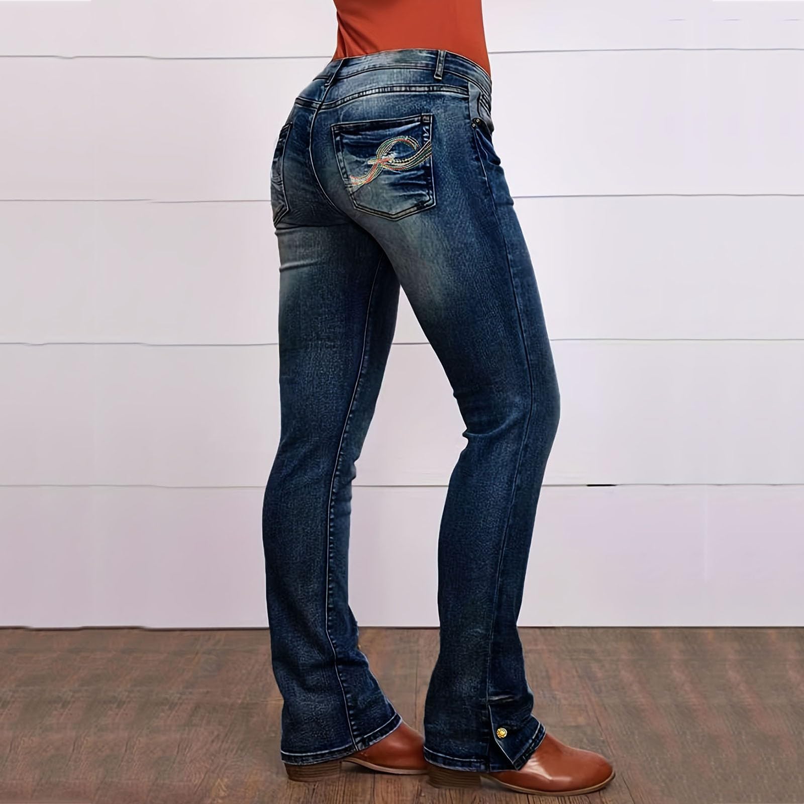 Jeans für Damen, hohe Taille, dehnbar, gerades Bein, Lange Jeans