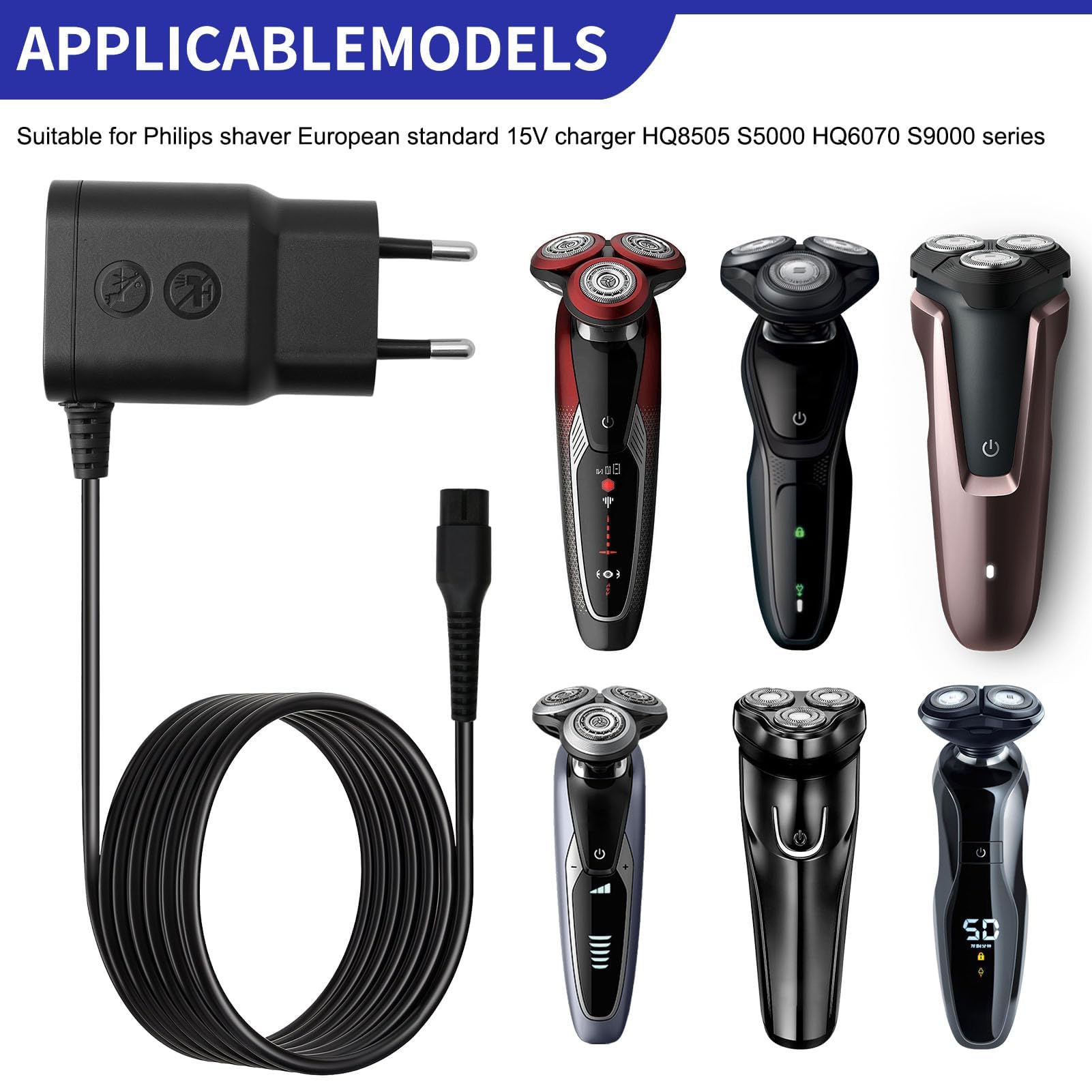 Philips HQ8505 Caricabatterie 15V Serie 5000 7000 9000 MG7720 QP6550 QP6530 BG5020 HC3518 BT5509 QC5115 OneBlade Pro