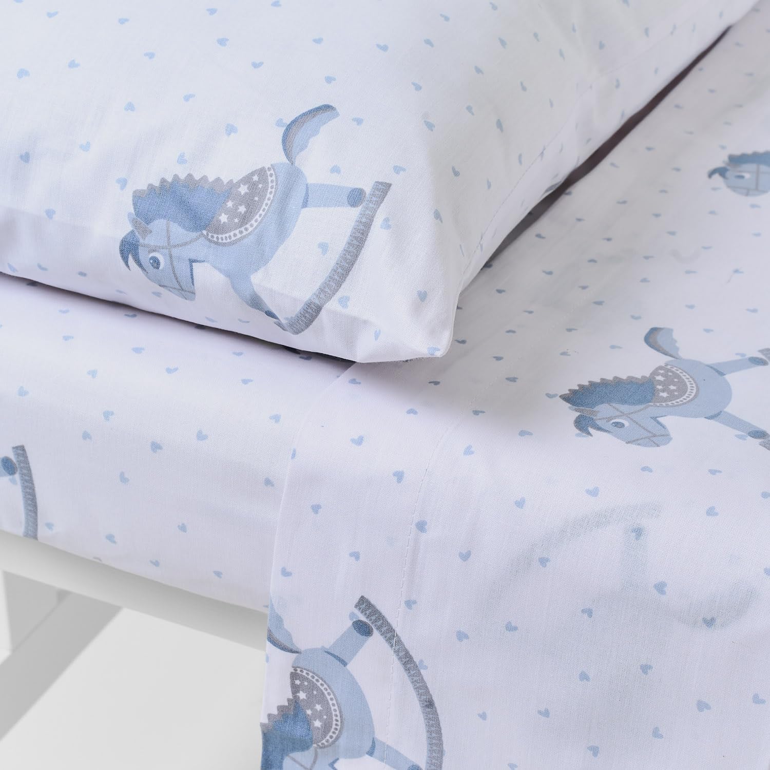 TRAMAS+ Set di Lenzuola per Culla e Miniculla, Lenzuola 100% Cotone Super Morbido per Bebè, Tessili per Cameretta 3 Pezzi con Disegni Allegri - Culla - 60x120 cm, Caballitos - 2