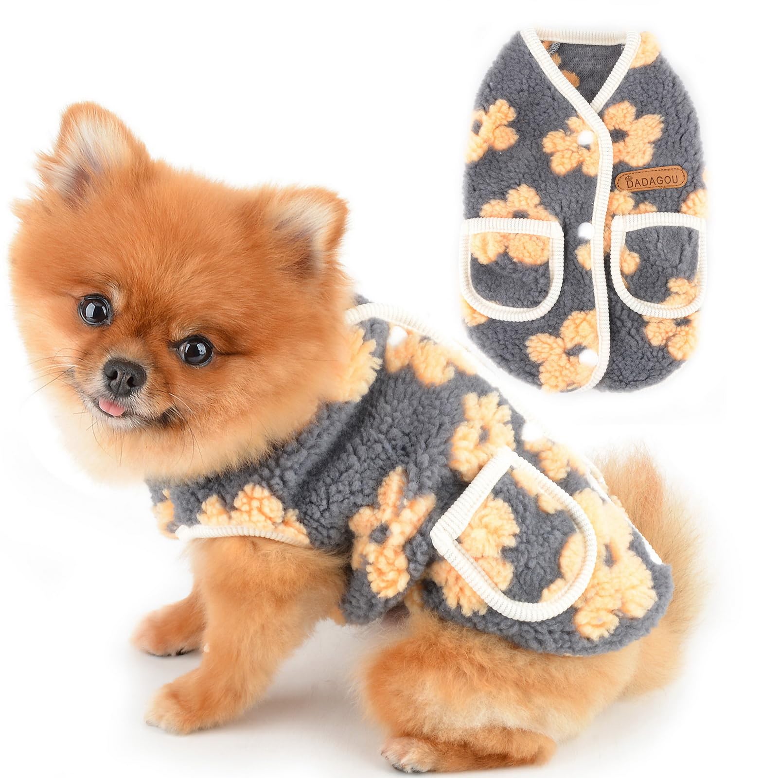 PAIDEFUL Classic Jacquard Fleece Small Dog Vest Jacket with Pockets Soft Puppy Sweater Button Up Fall Winter Warm Pet Coat Chihuahua Clothes Cat Apparel,Yellow,M