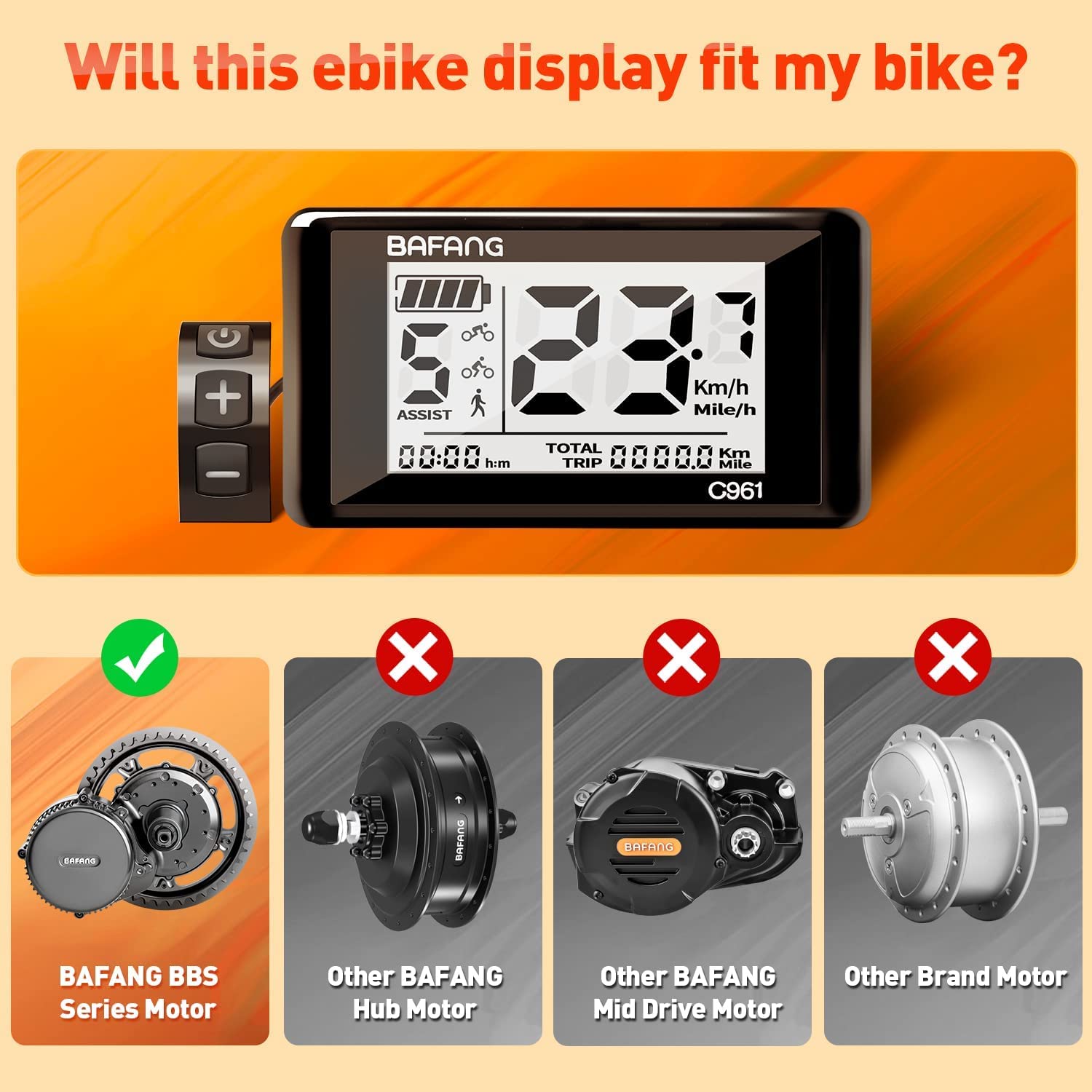 eBike Display C961 para BBS01B BBS02B BBSHD 8fun Mid-Drive Motor Bicicleta eléctrica Impermeable Bicicleta Ebike Ordenador Velocímetro con protocolo Pas Hub Motor Display