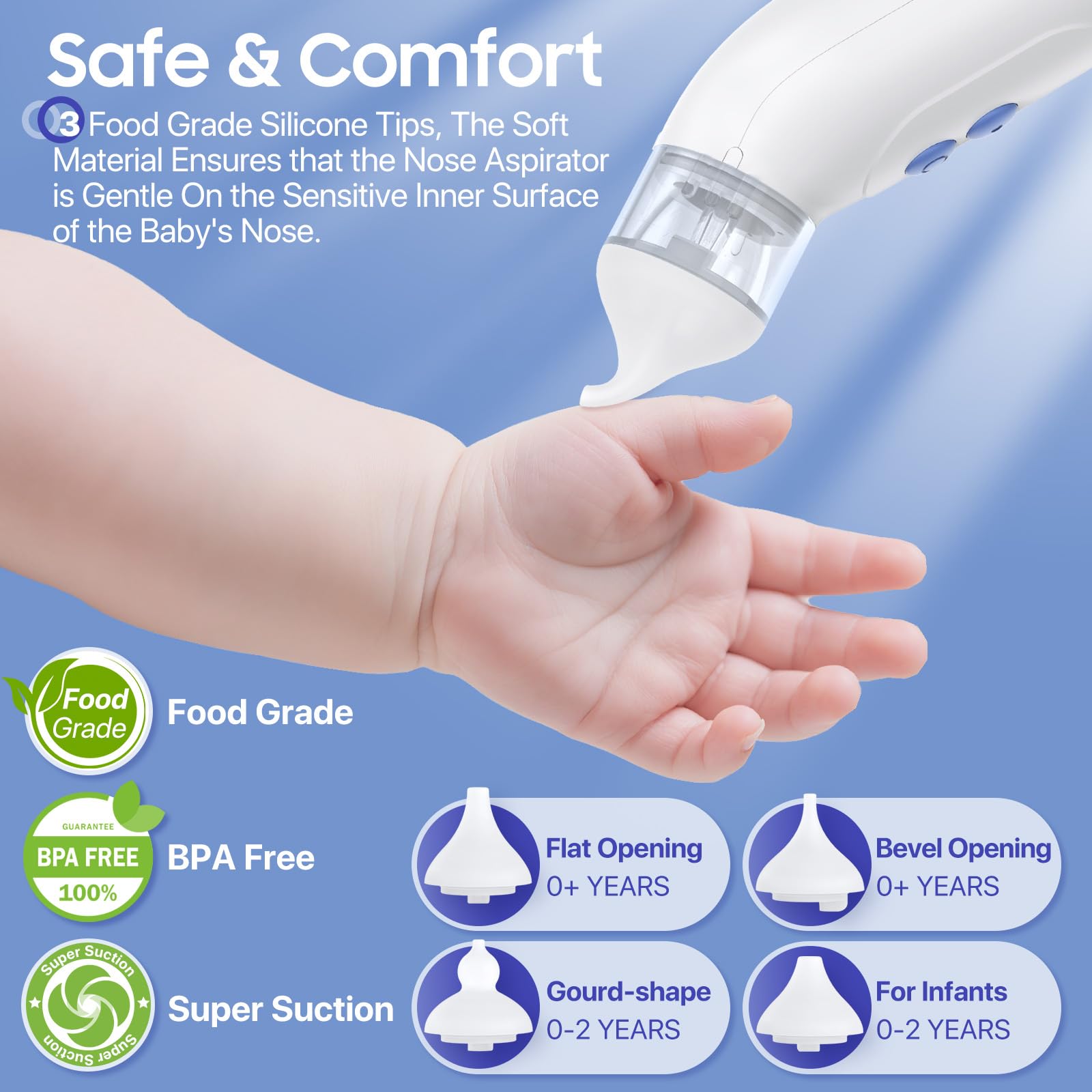 Nasal Aspirator for Baby, Blocked Nose Relief, Electric Baby Nose Sucker with Larger Suction Chamber and More Powerful Suction with 4 Silicone Tips Suitable for Newborns and Babies White - 4