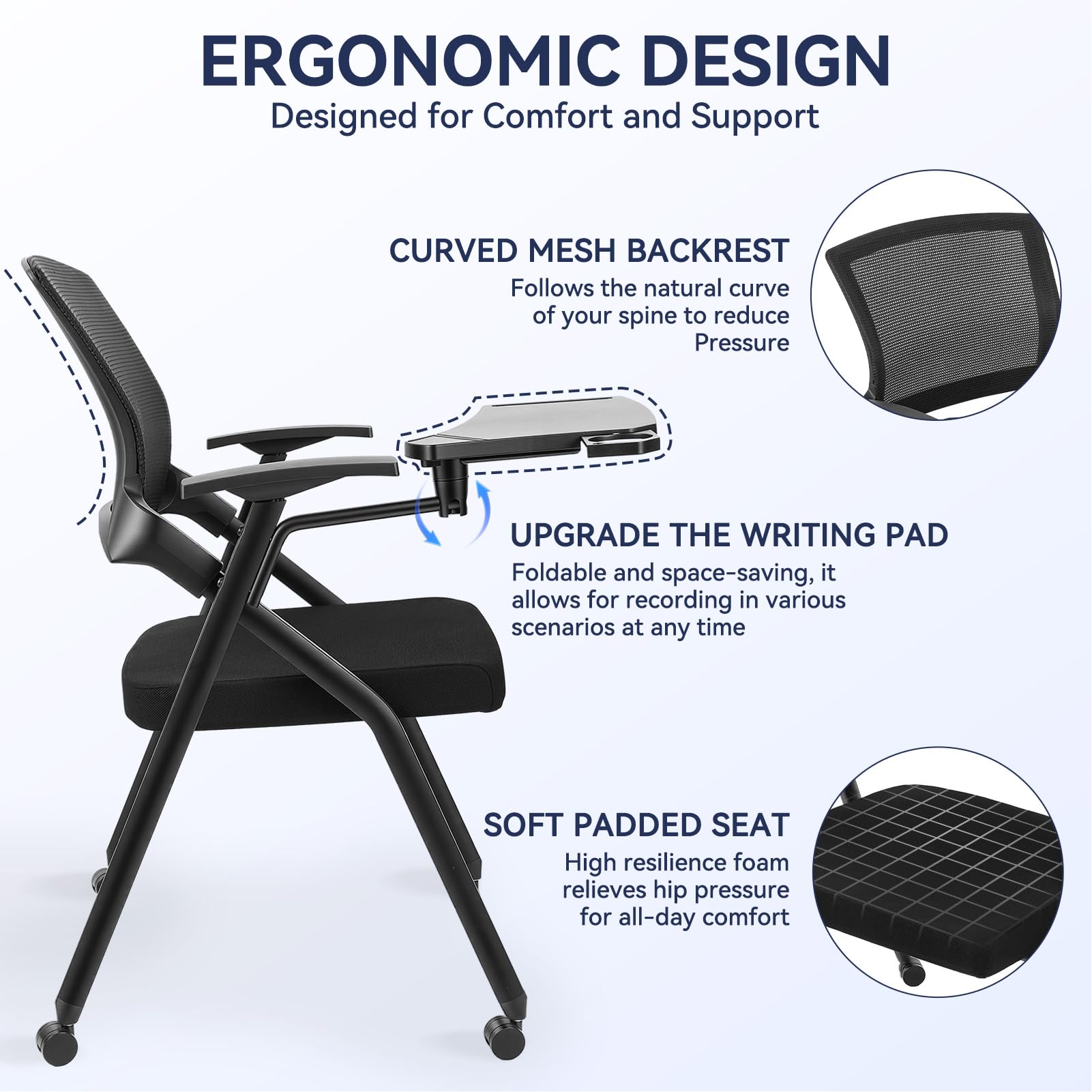 Chaise de Formation Pliable avec Tablette d'écriture, Fauteuil réunion roulettes pupitre, Dossier maillé accoudoirs, Porte-gobelet, Pliable Salle conférence，1
