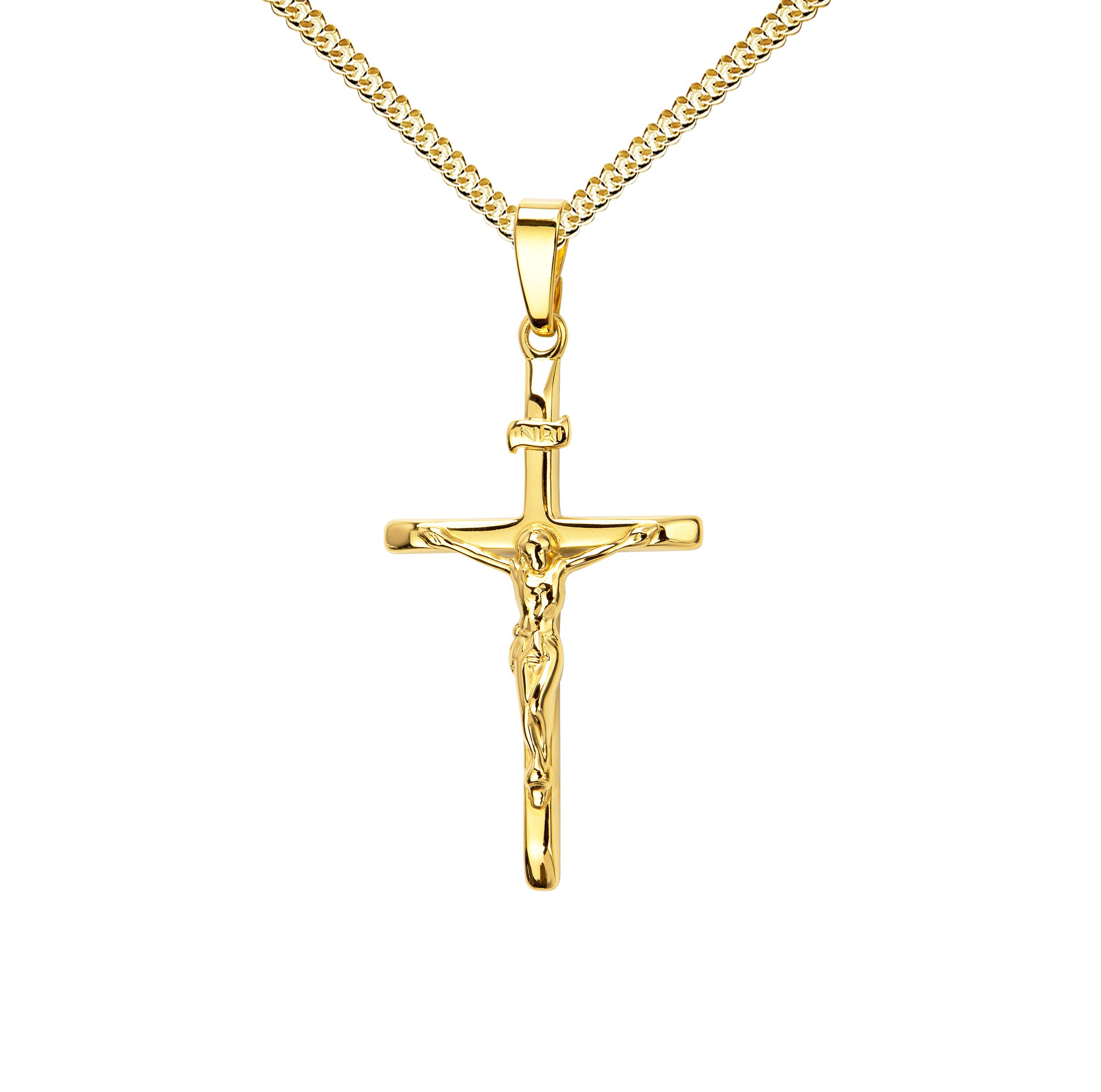 Kreuzanhänger Jesus Christus mit INRI-Gravur und Panzer-Kette für Damen, Herren und Kinder als Gold-Kreuz-Ketten-Anhänger mit Schmuck-Etui + Kette