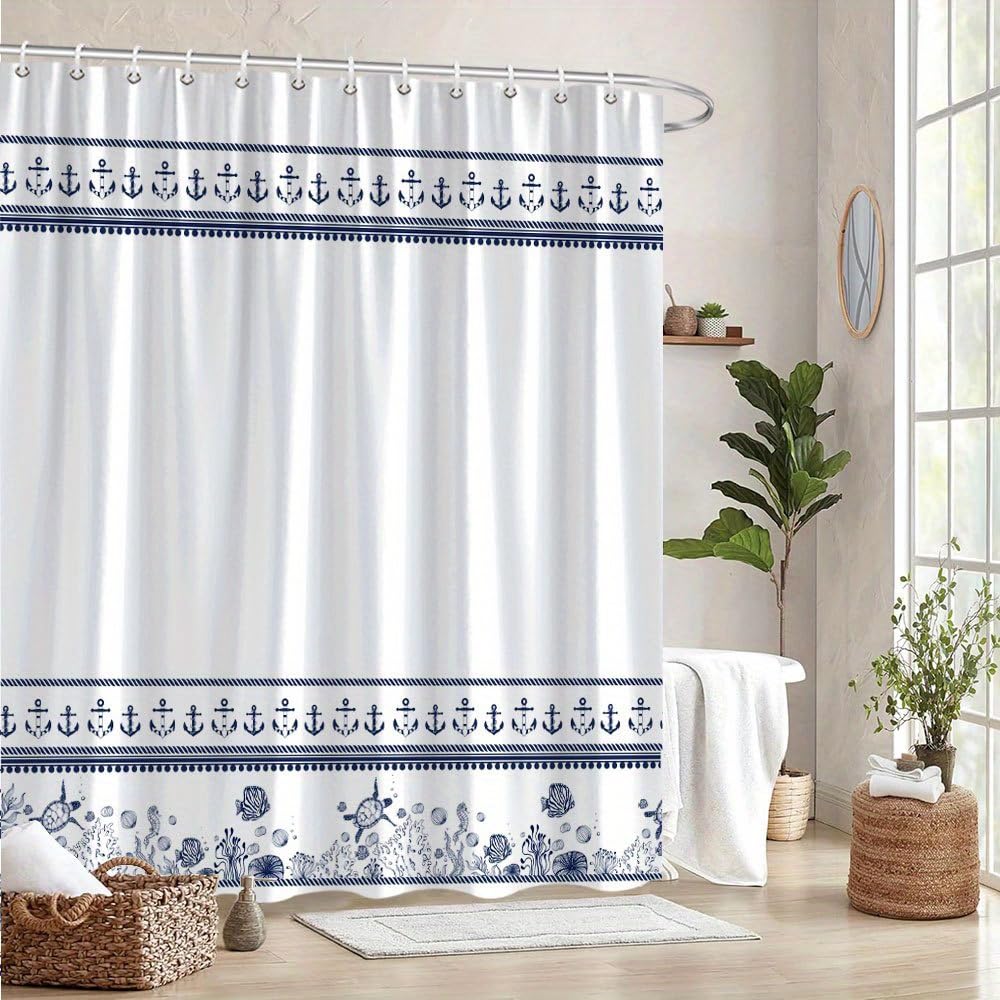 GLWDMB 1 Piece 150x180CM Blue and White Anchors, Seashells, Starfish Printed Shower Curtain With Hook, Polyester, for Windows And Walls, Bathtub, Bathroom, Machine Washable, All Season Universal