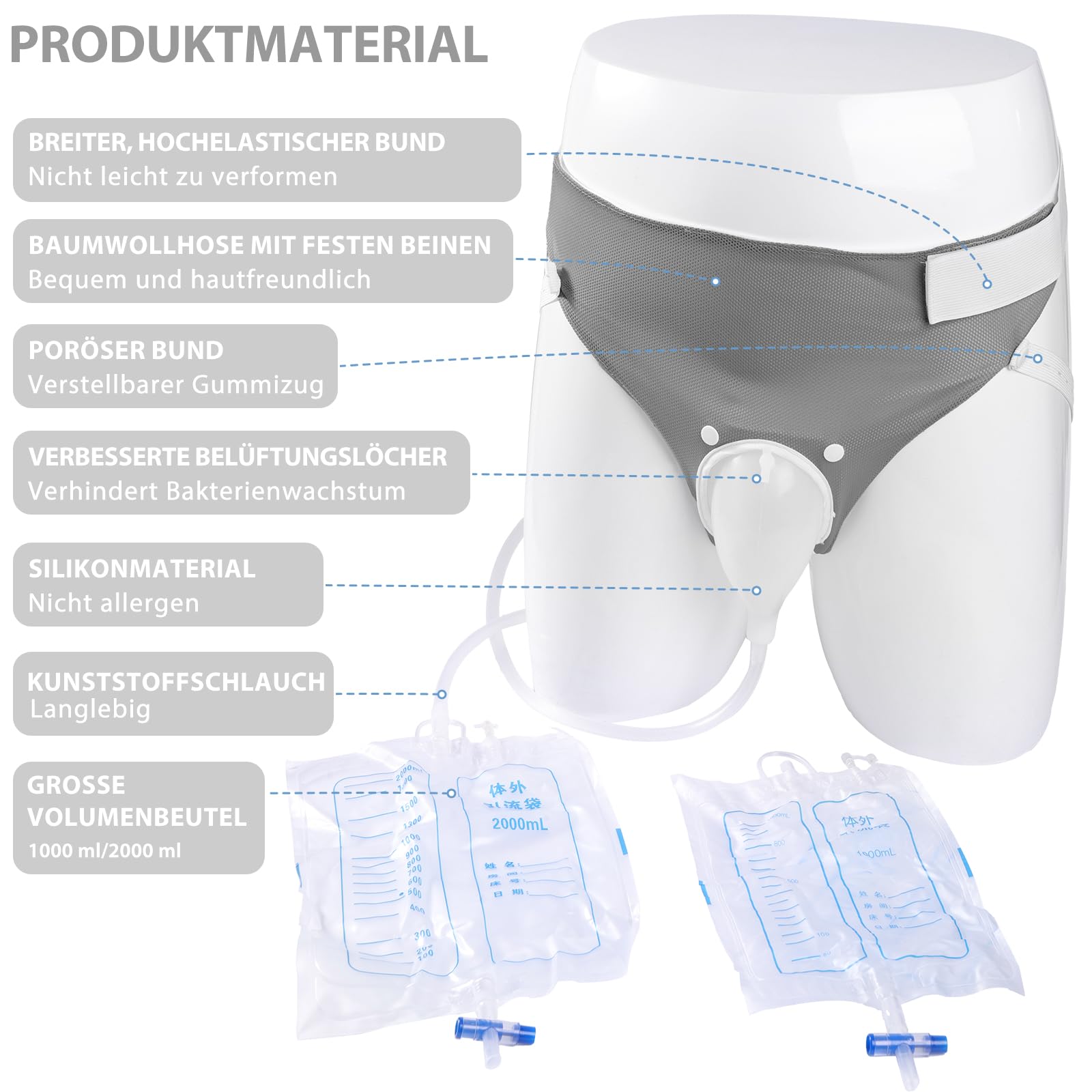 Urindrainagebeutel, Silikon Urinsammler, Urinal Pee Halter, Tragbare Inkontinenzhose, grey Bolsa de drenaje de orina para hombres mayores, colector de orina