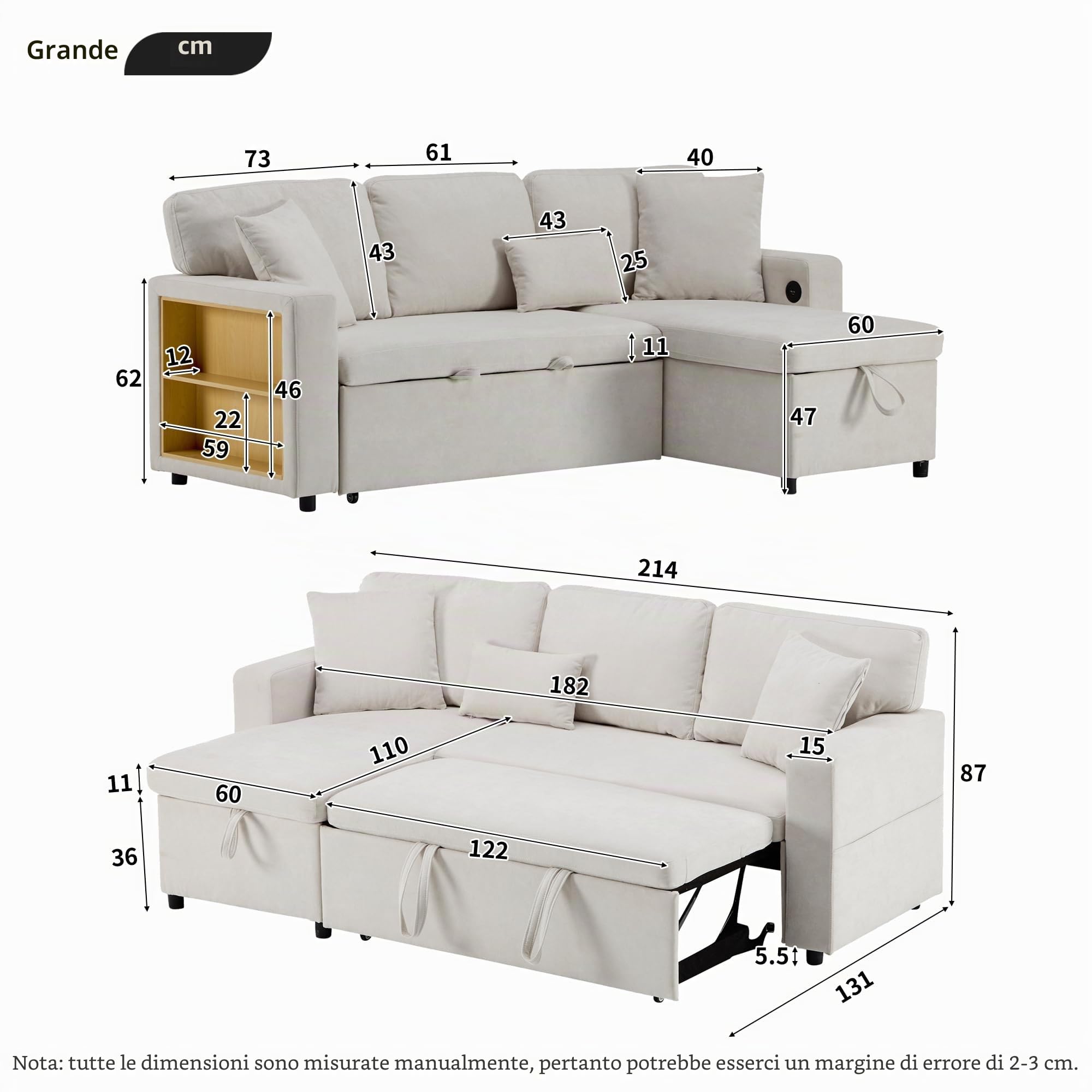 Divano angolare con funzione letto, divano letto a forma di L, allungabile con contenitore, pouf flessibile intercambiabile, divano a 3 posti con ottomana per soggiorno, beige (beige1, 3