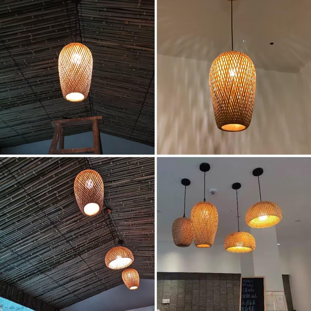 Lámpara colgante de bambú tejida a mano Pantalla de doble capa Lámpara de techo hueca tejida de bambú Lámpara de techo para bar, café, comedor, hotel, estilo 3