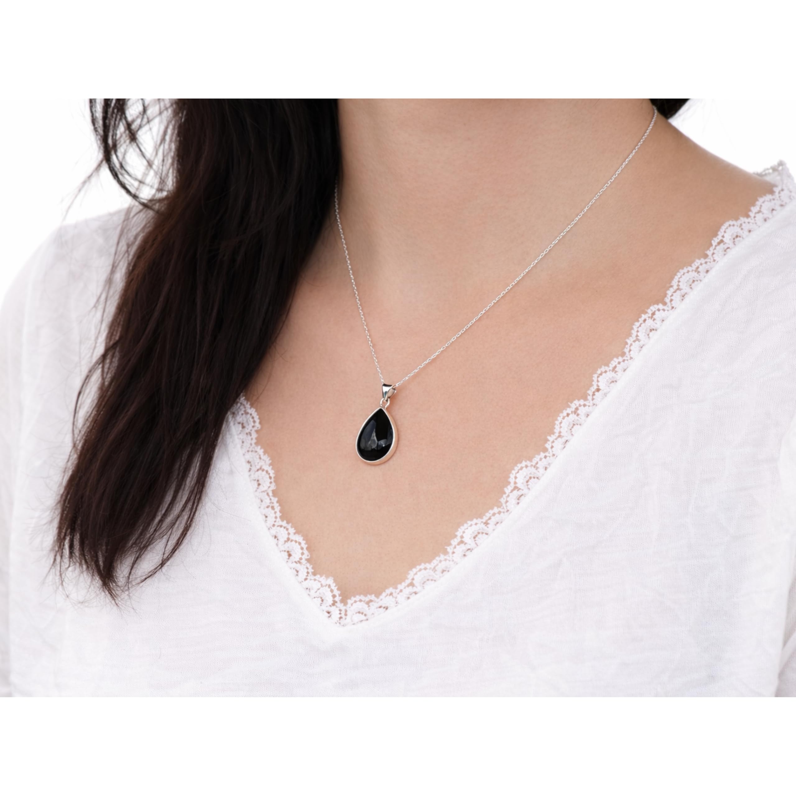 Collar Colgante Plata Esterlina 925 Hecho a Mano 5x20mm Ónix Negro en Forma de Lágrima 40+5cm Cadena