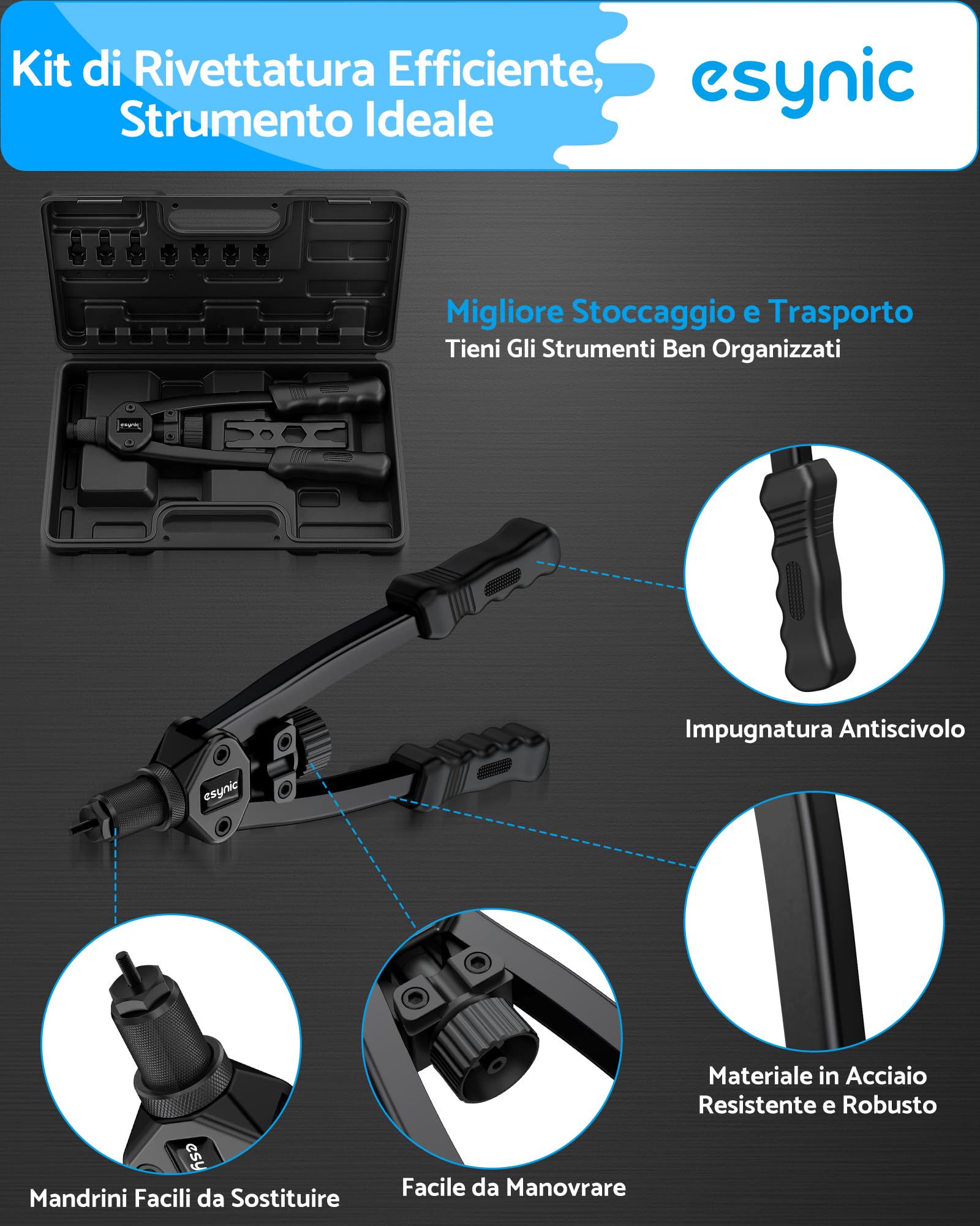 eSynic 13" Pistola per Rivetti Manuale con Manico Ergonomico, 7 Mandrini Intercambiabili M3 M4 M5 M6 M8 M10 M12, 100 Dadi e Valigetta, Rivettatrice per Assemblaggio Riparazioni Manutenzione - Nero