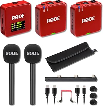 Rode Wireless GO Gen 3 Compact Wireless Microphone System Red with 2X Interview GO Handheld Adapters