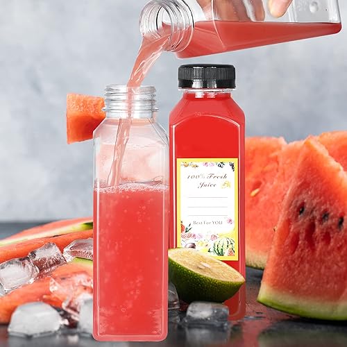 Miniatura 4 de DANALLAN 24 botellas vacías de jugo de 12 onzas con tapas, botellas de plástico reutilizables de primera calidad, contenedor de jugo, tapas negras