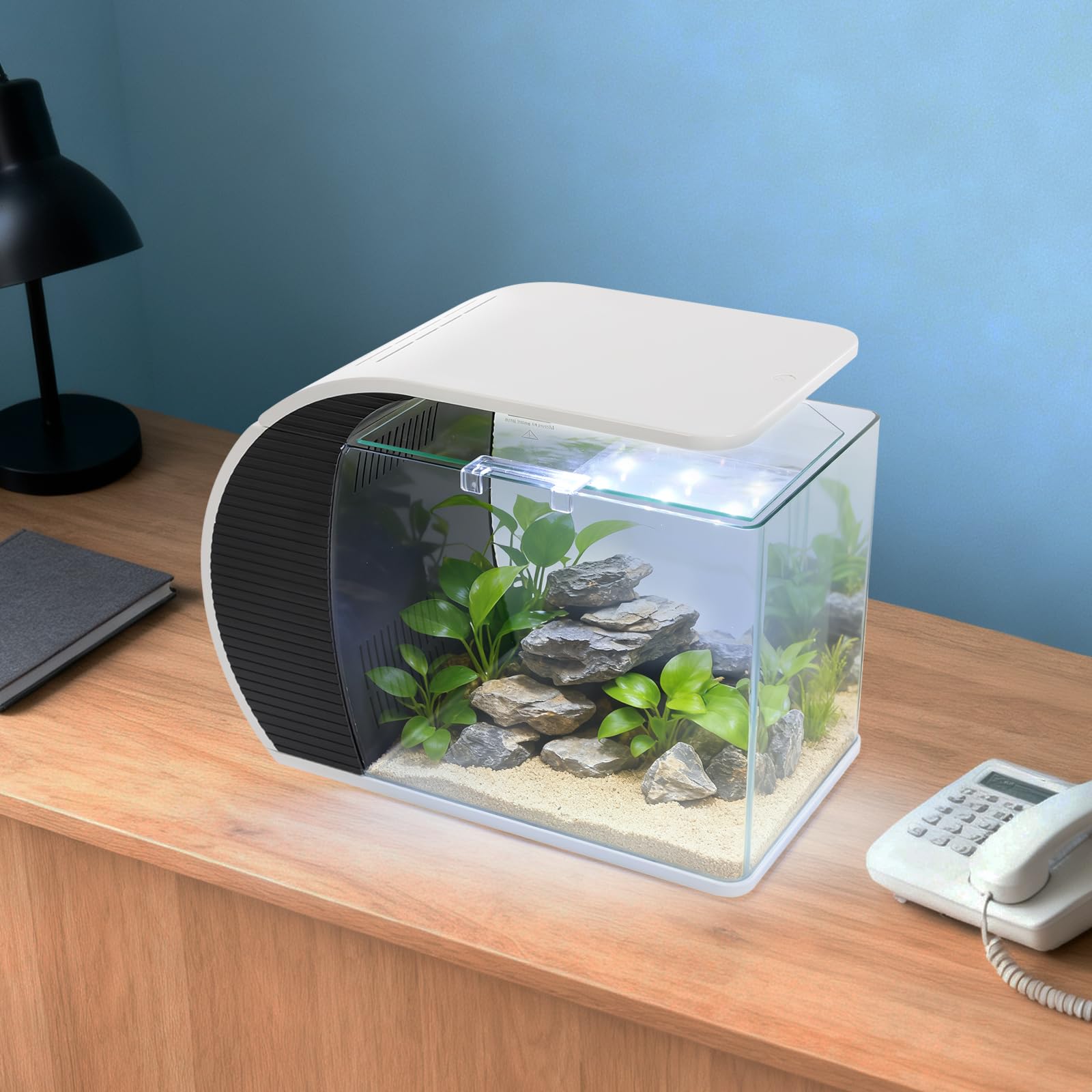 Acquario moderno Nano Acquario da 19 l, 3,2 W, con 4 colori di illuminazione a LED, silenzioso da tavolo con pompa, filtraggio e ossigenazione e circolazione, altezza max: 0,6 m, Q.max: 200 l/h