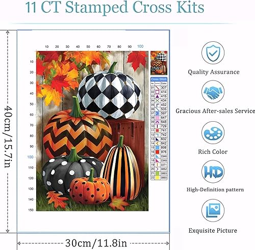 Miniatura 2 de Kits de punto de cruz estampado de Acción de Gracias, kits de punto de cruz de calabaza de otoño para adultos principiantes, gama completa de kits