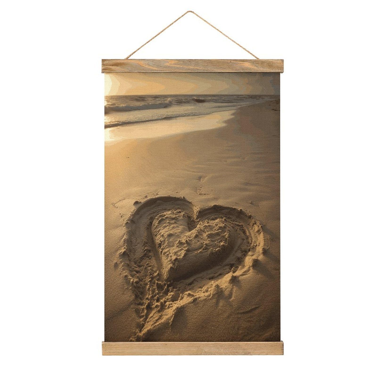 FekiLoot Hearts Drawn on The Beach Wall Art Poster Hanger Frame Linen Wall Art Decor Vintage Hanging Poster Hanging Wall Decor Rustic Retro Wall Art Print for Living Room Decor 20.4 X 13.1Inches