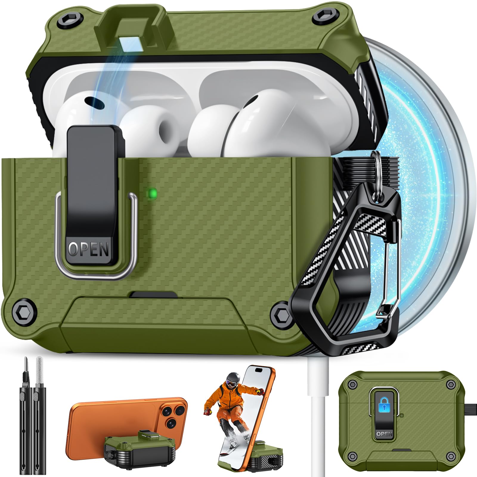 Pohgelan for AirPods Pro 3 Case with Safety Lock-Dark Green