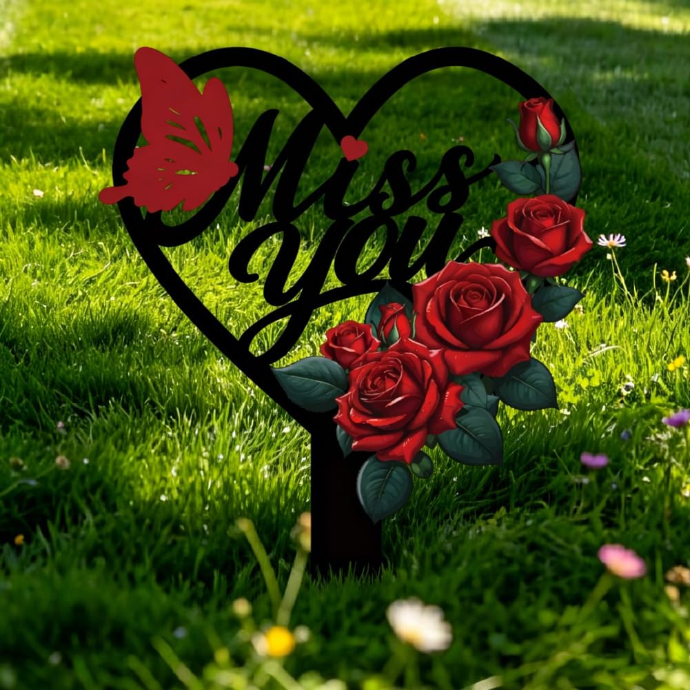 PRESSINART Miss You Grave Decorations for Cemetery 8.7 x 5.9 x 0.04 Inch Heart Grave Stakes Rose Butterfly Design Black Metal Memorial Sympathy Plaque Sign for Garden Yard Decoration