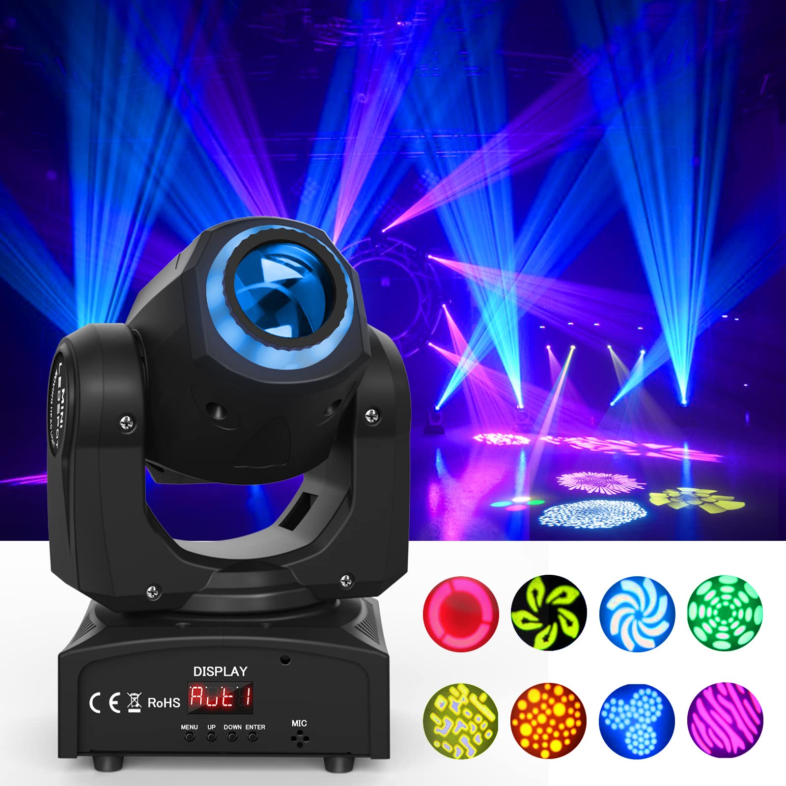 UKing 50W Testa Mobile LED,Luci Discoteca con 8 Pattern 8 Colori,10/12 Canali,LED Luce di Scena per Bar Club Show