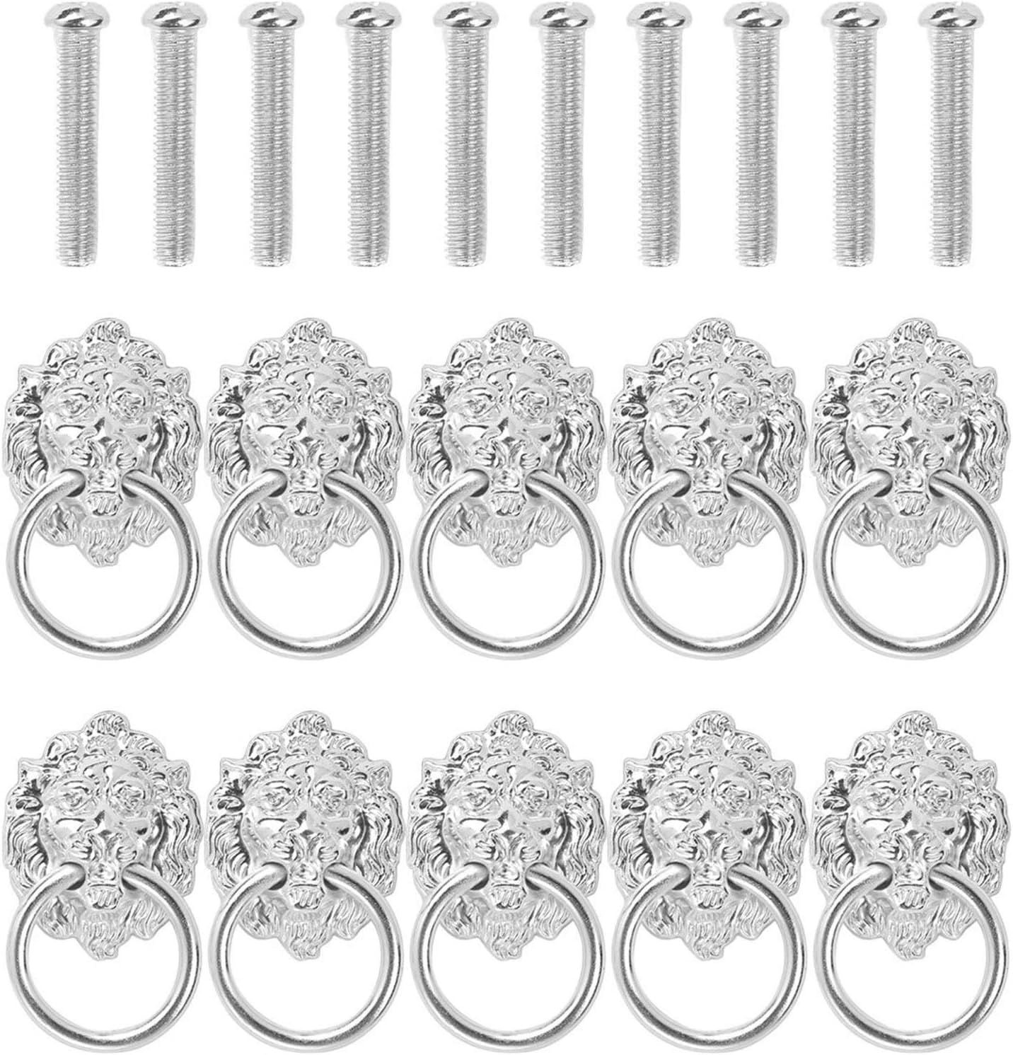 Zhaoqin 10Pcs Silver Door Knocker Door Knockers 10Pcs Lion Head Zinc Alloy Knob Pull Handle Knocker Hardware Ring Furniture Mounting Screws Antique Pulls Knobs(10Pcs Silver)
