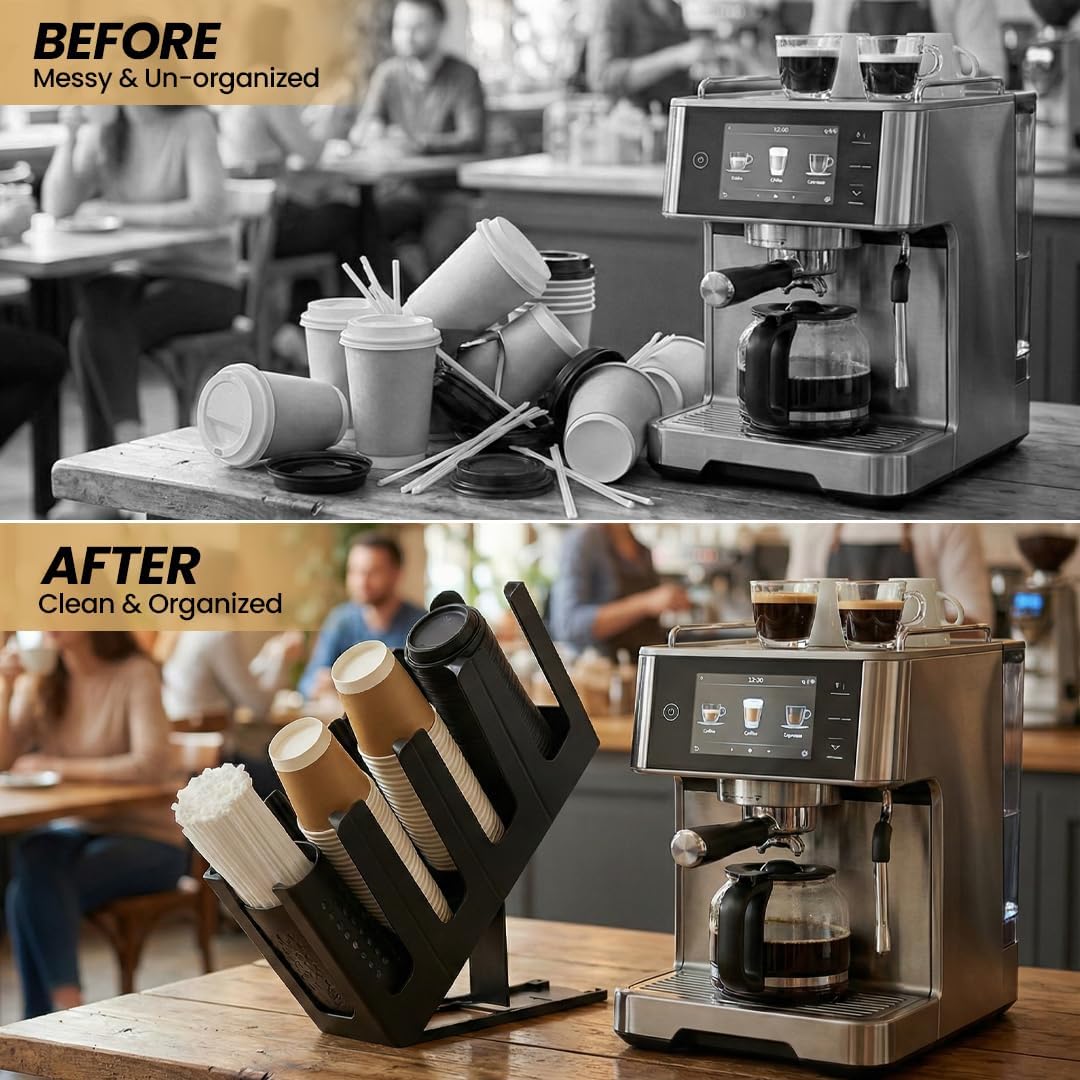 Coffee Cup & Lid Dispenser with Straw Organizer for Countertop – 4 Level Adjustable Paper Cup Holder for Coffee Bar, Café & Restaurant